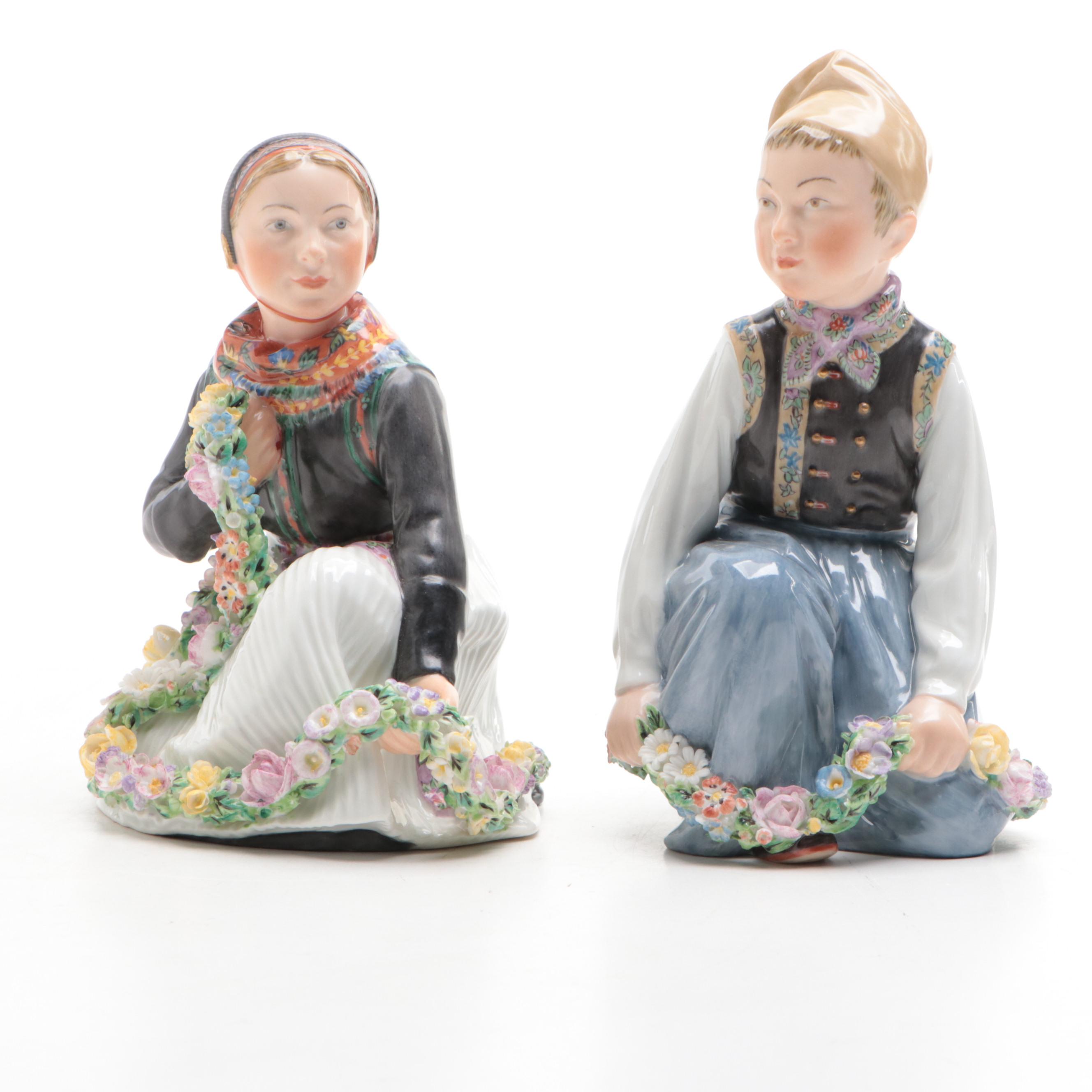 Royal Copenhagen Porcelain Amager Boy and Girl Figurines, Early 20th Century