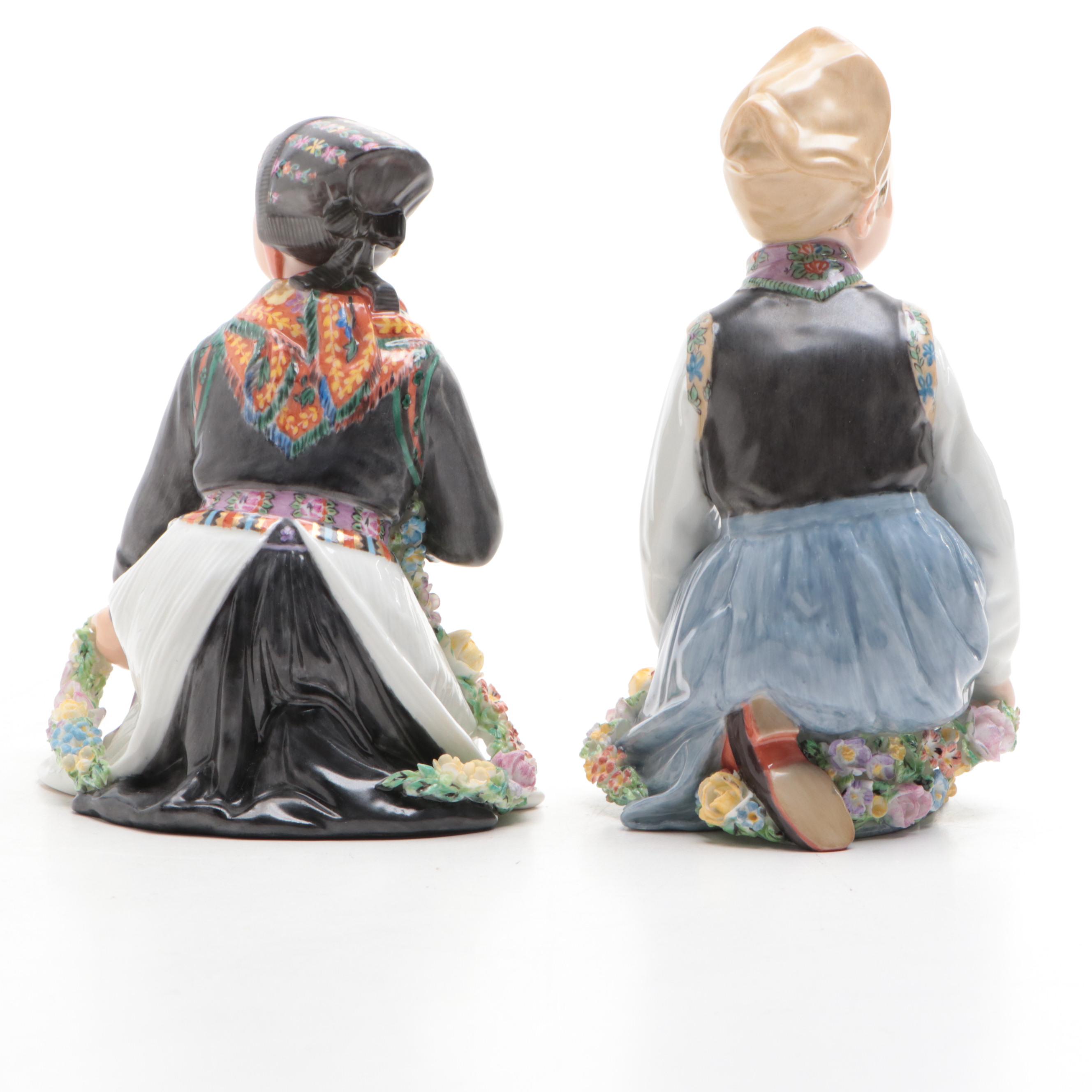 Royal Copenhagen Porcelain Amager Boy and Girl Figurines, Early 20th Century