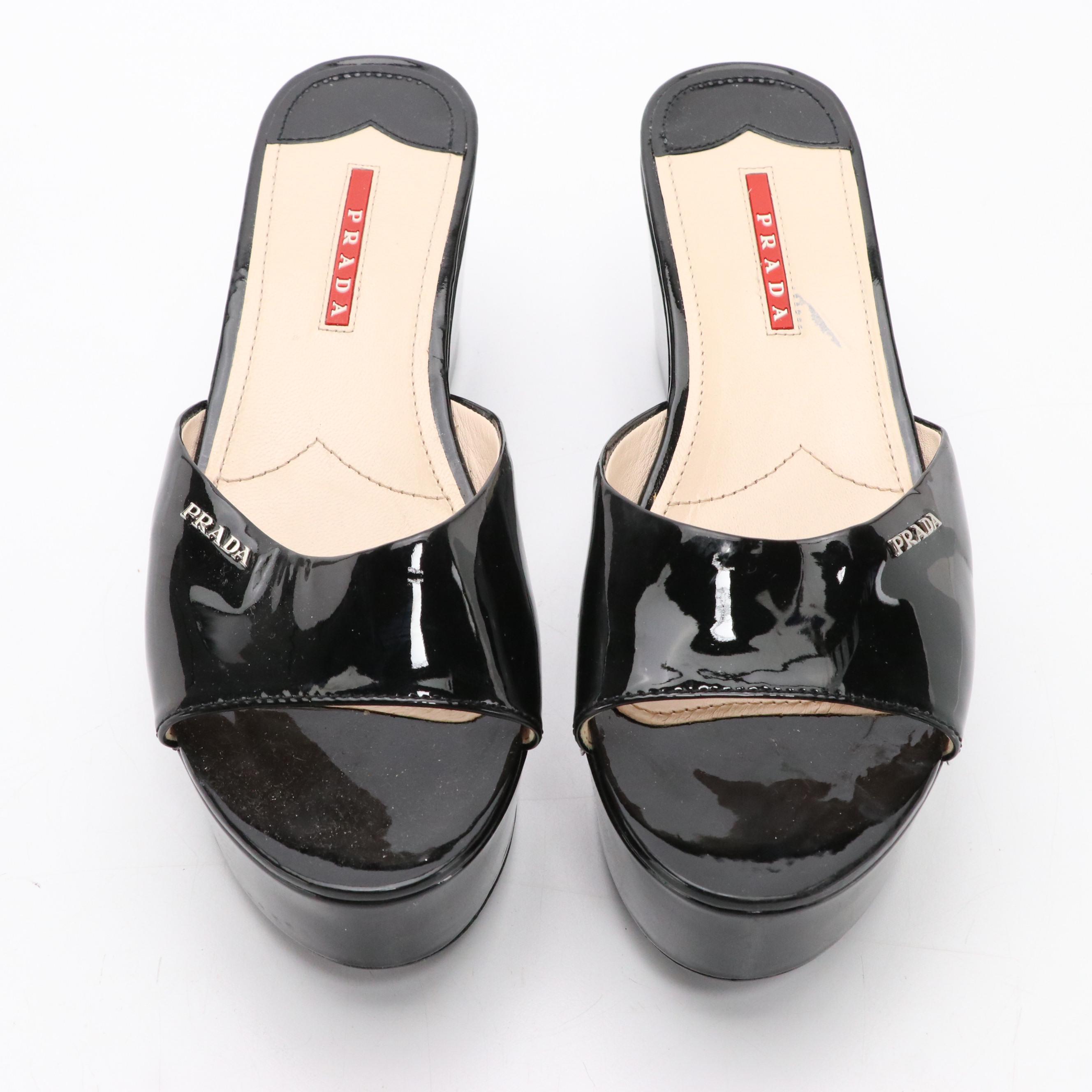 Prada Sport Black Patent Leather Platform Slides