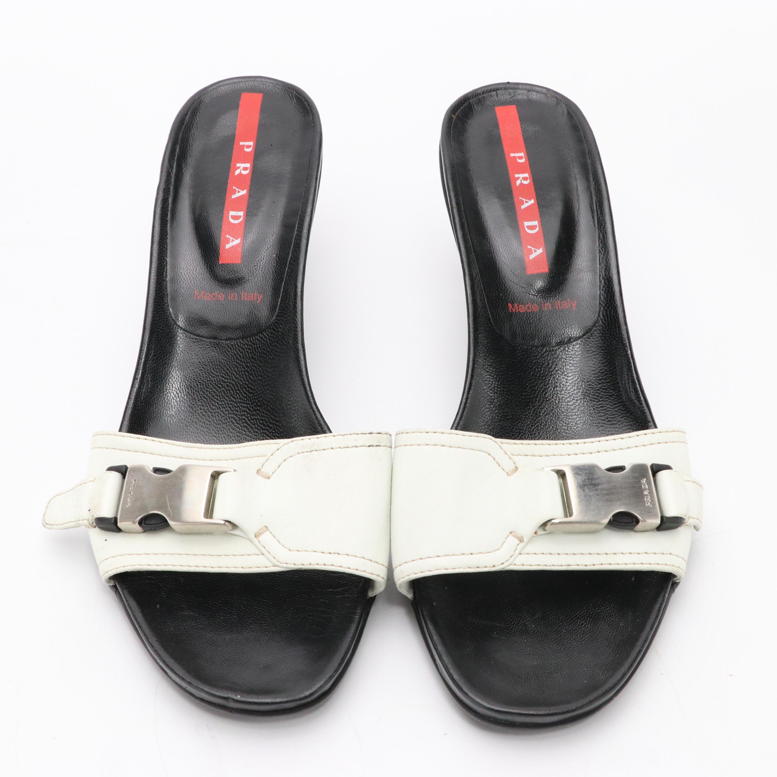 Prada Sport Black & White Leather Buckle Strap Low-Heeled Sandals