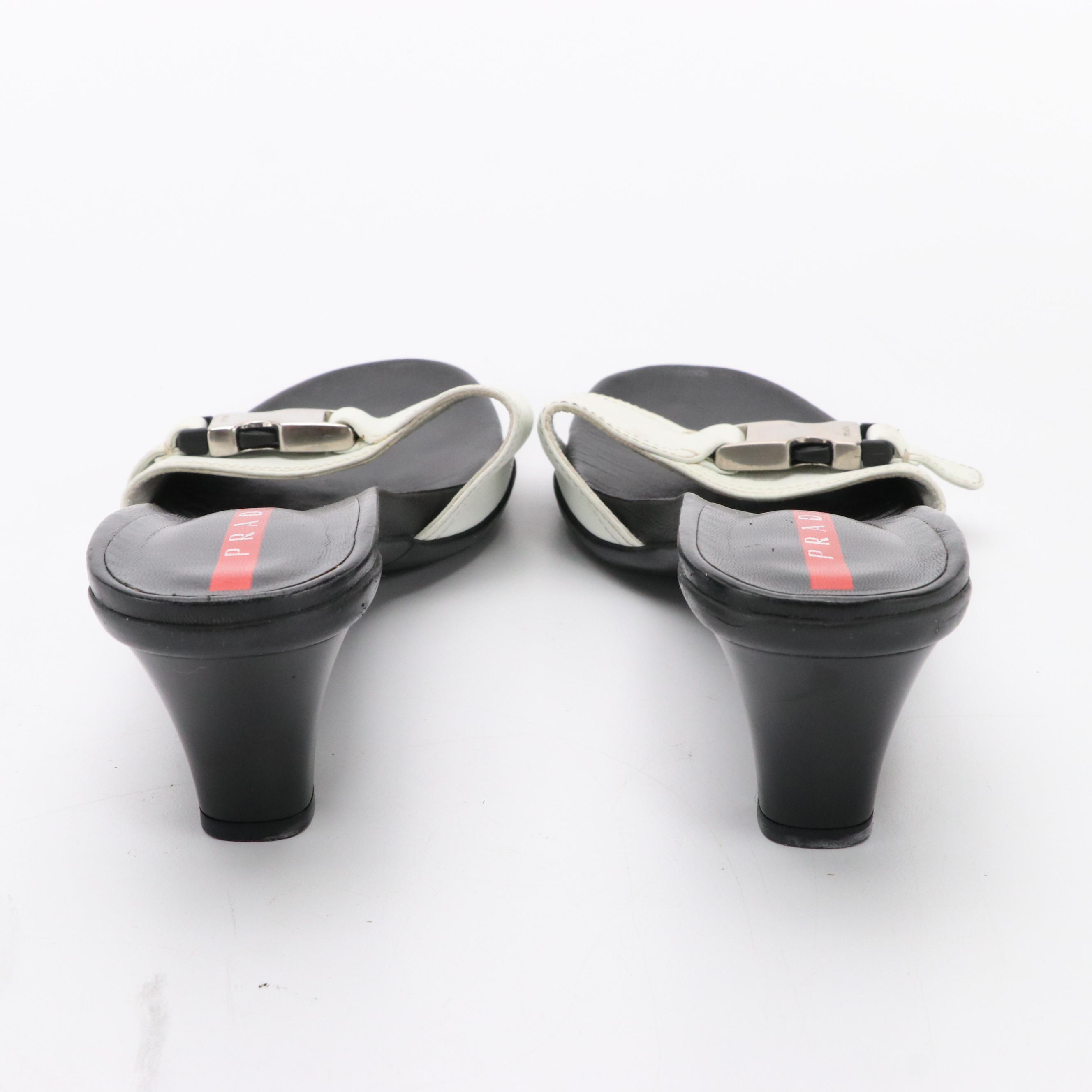 Prada Sport Black & White Leather Buckle Strap Low-Heeled Sandals