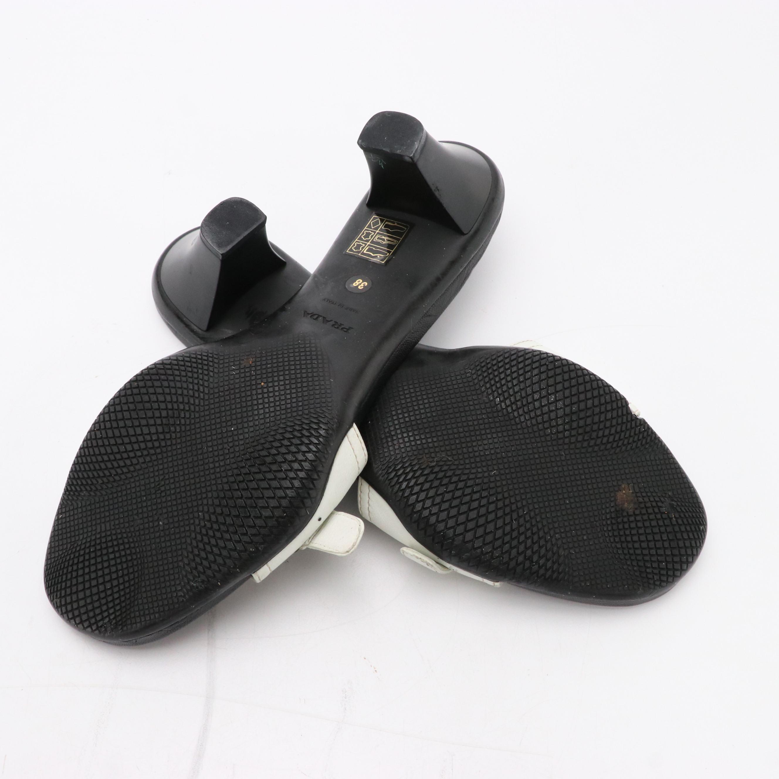 Prada Sport Black & White Leather Buckle Strap Low-Heeled Sandals