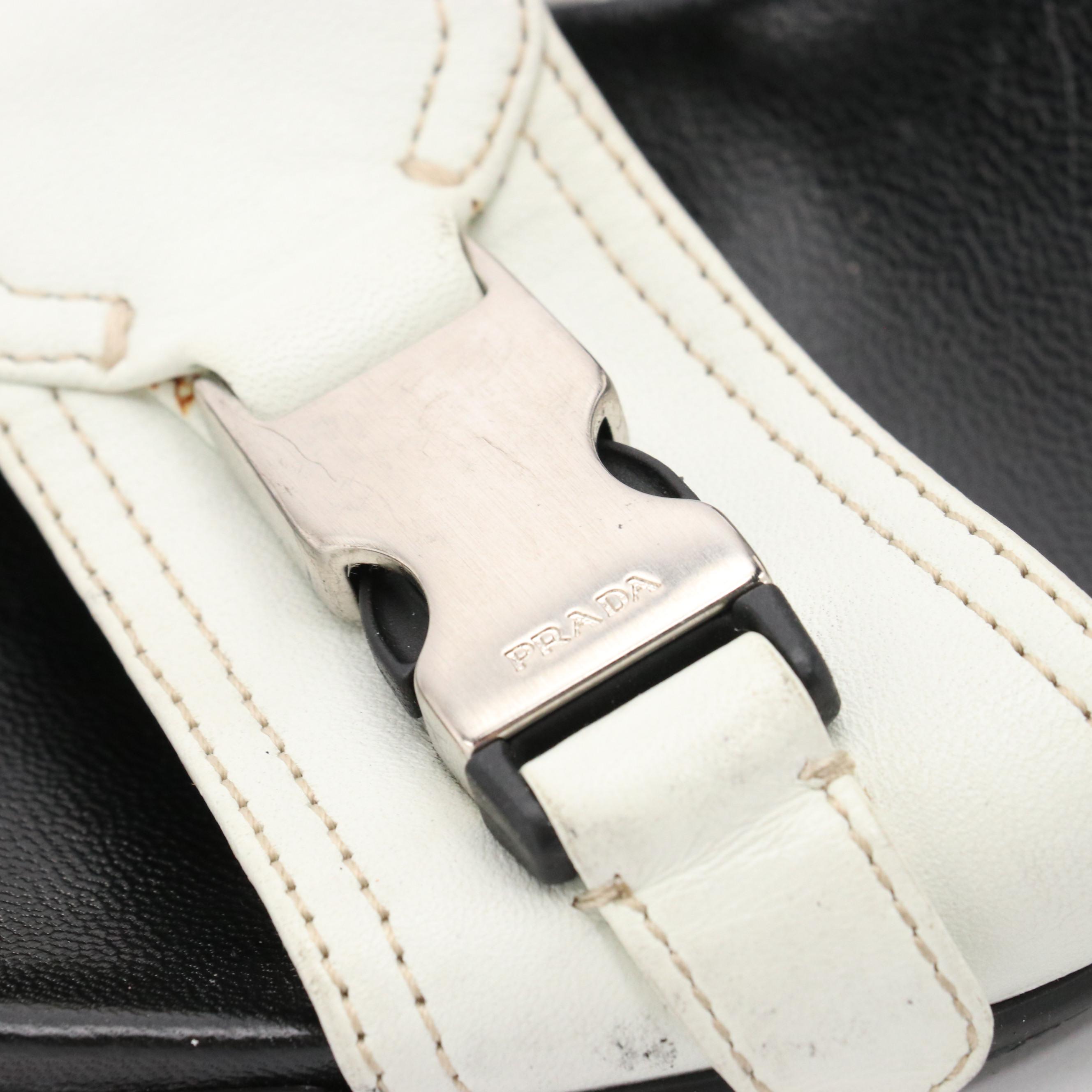Prada Sport Black & White Leather Buckle Strap Low-Heeled Sandals