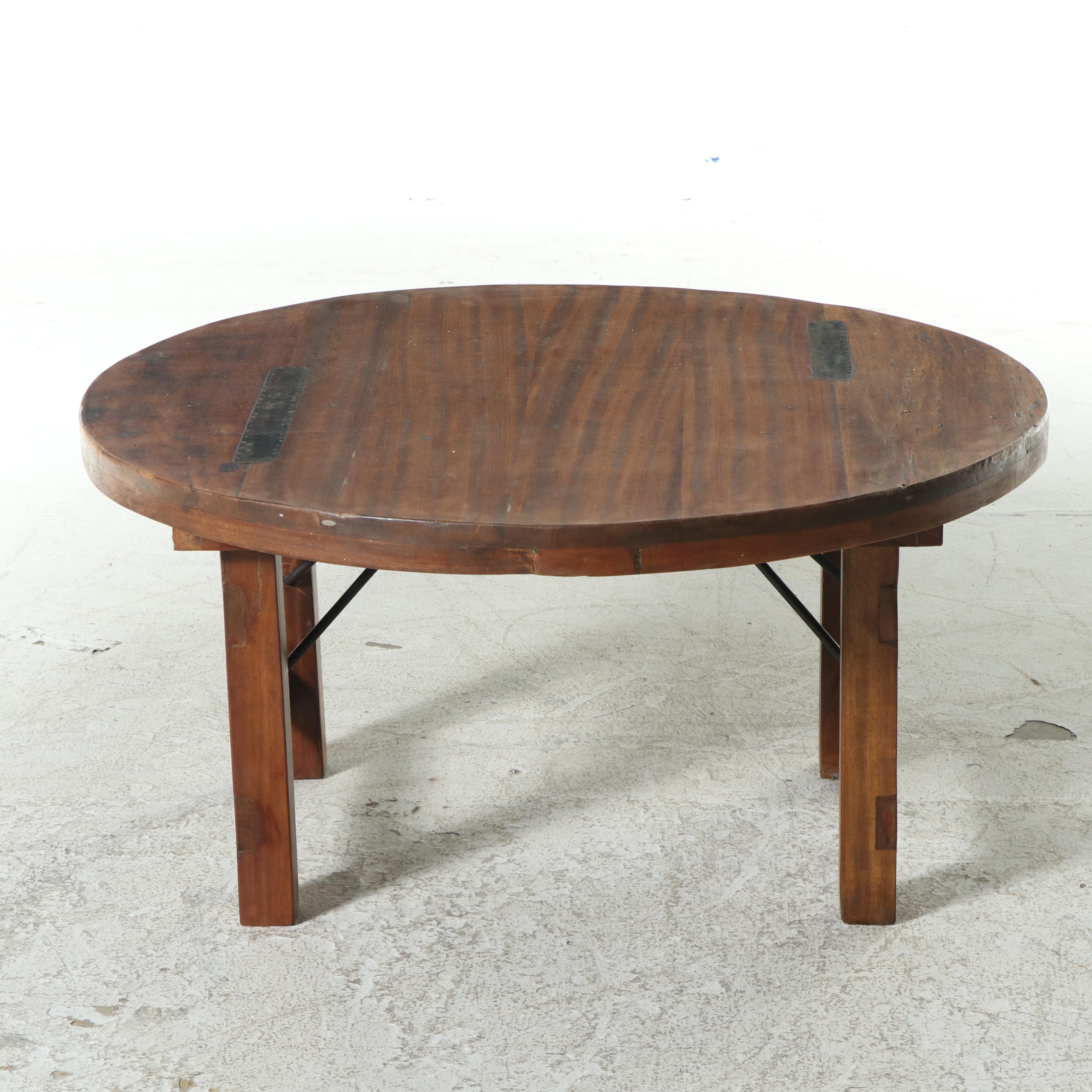 Arts & Crafts Style Round Folding Coffee Table with Metal Patches, 20th Century