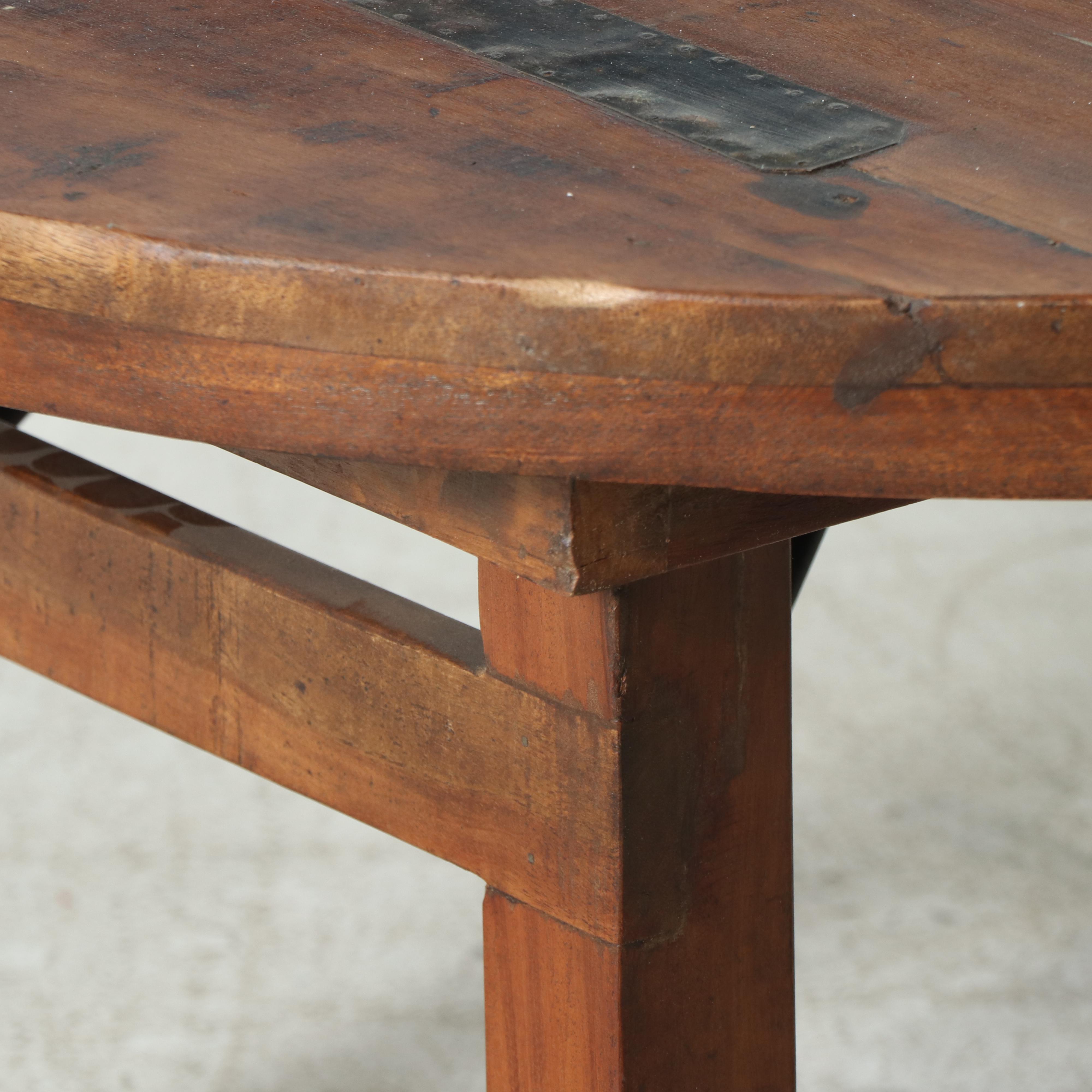 Arts & Crafts Style Round Folding Coffee Table with Metal Patches, 20th Century
