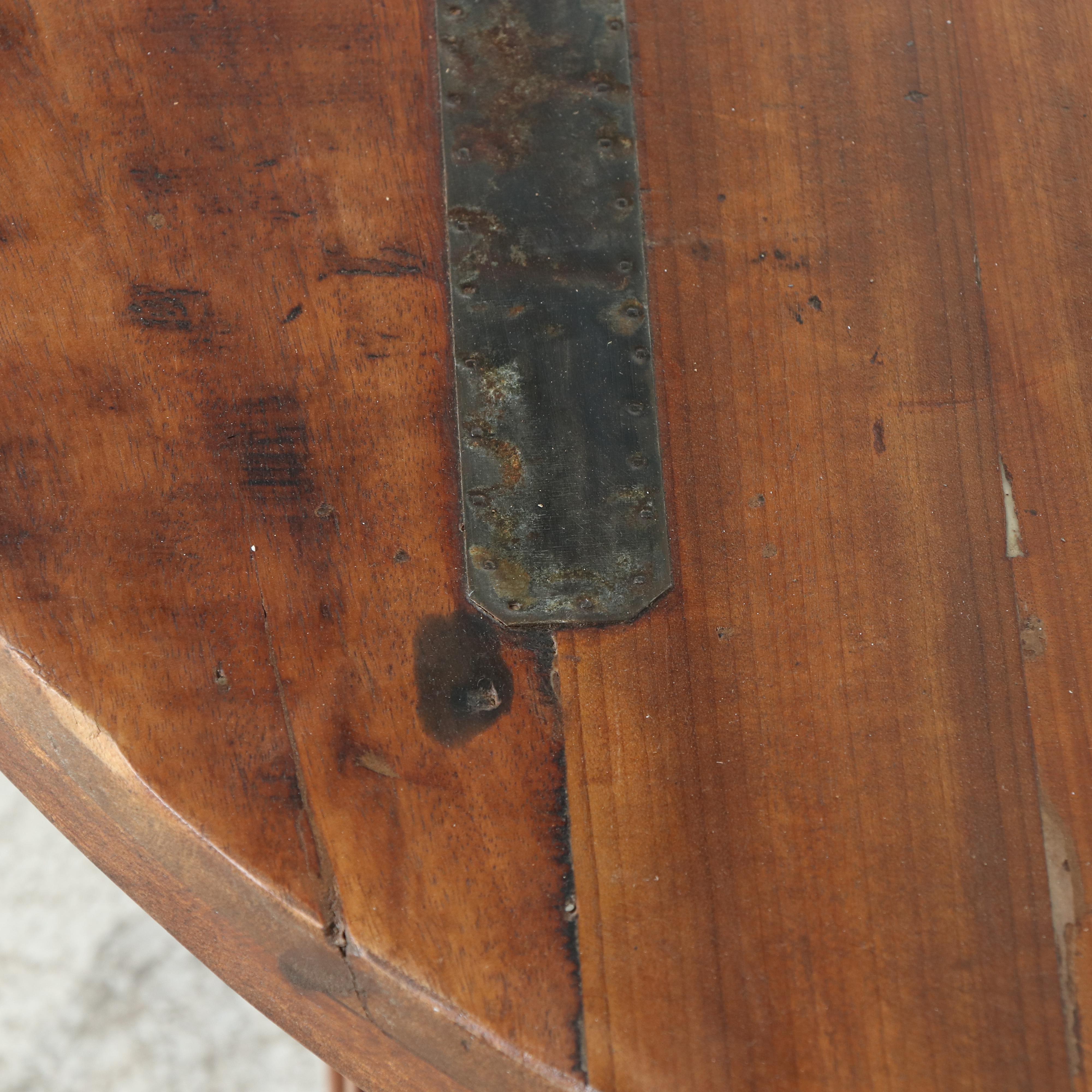 Arts & Crafts Style Round Folding Coffee Table with Metal Patches, 20th Century