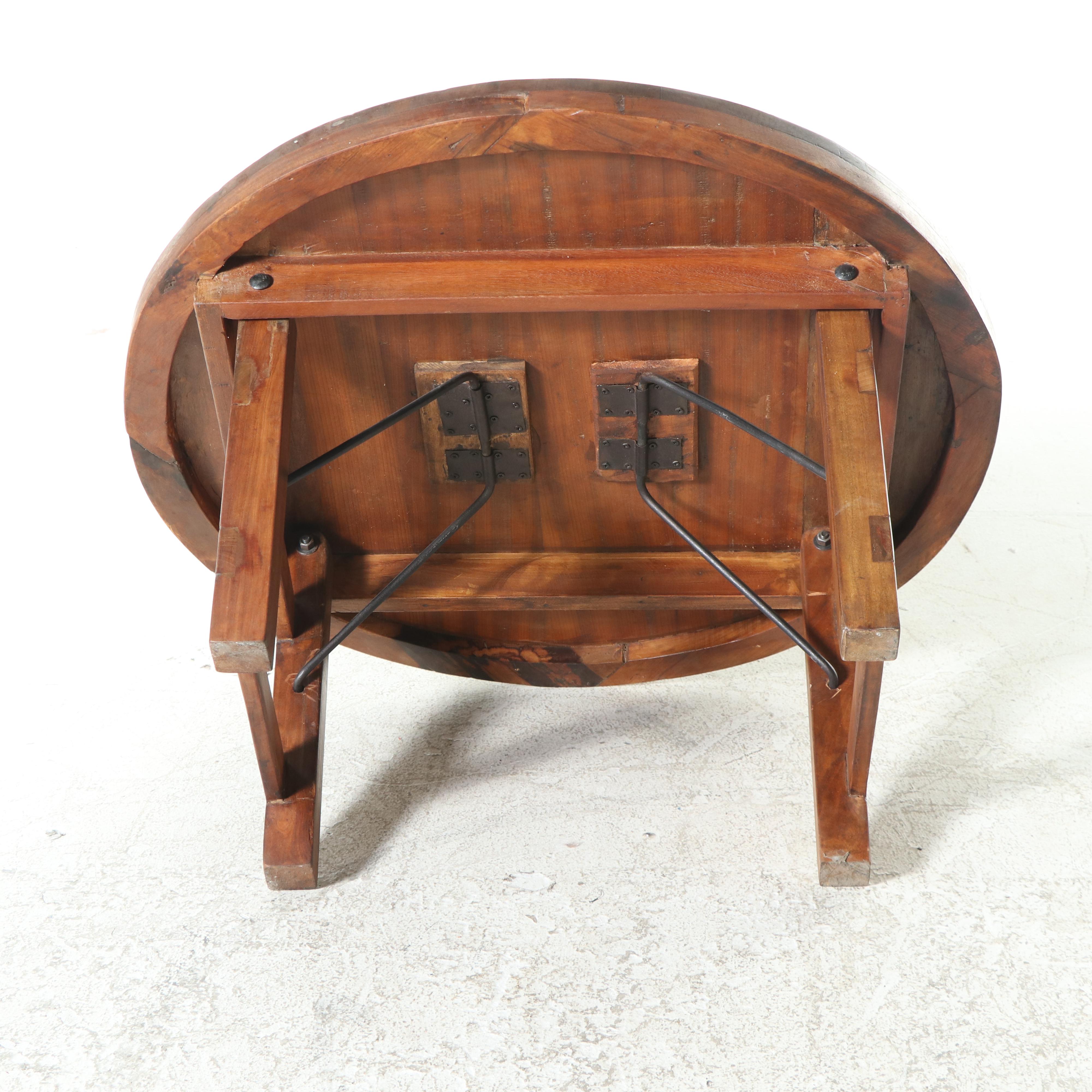 Arts & Crafts Style Round Folding Coffee Table with Metal Patches, 20th Century