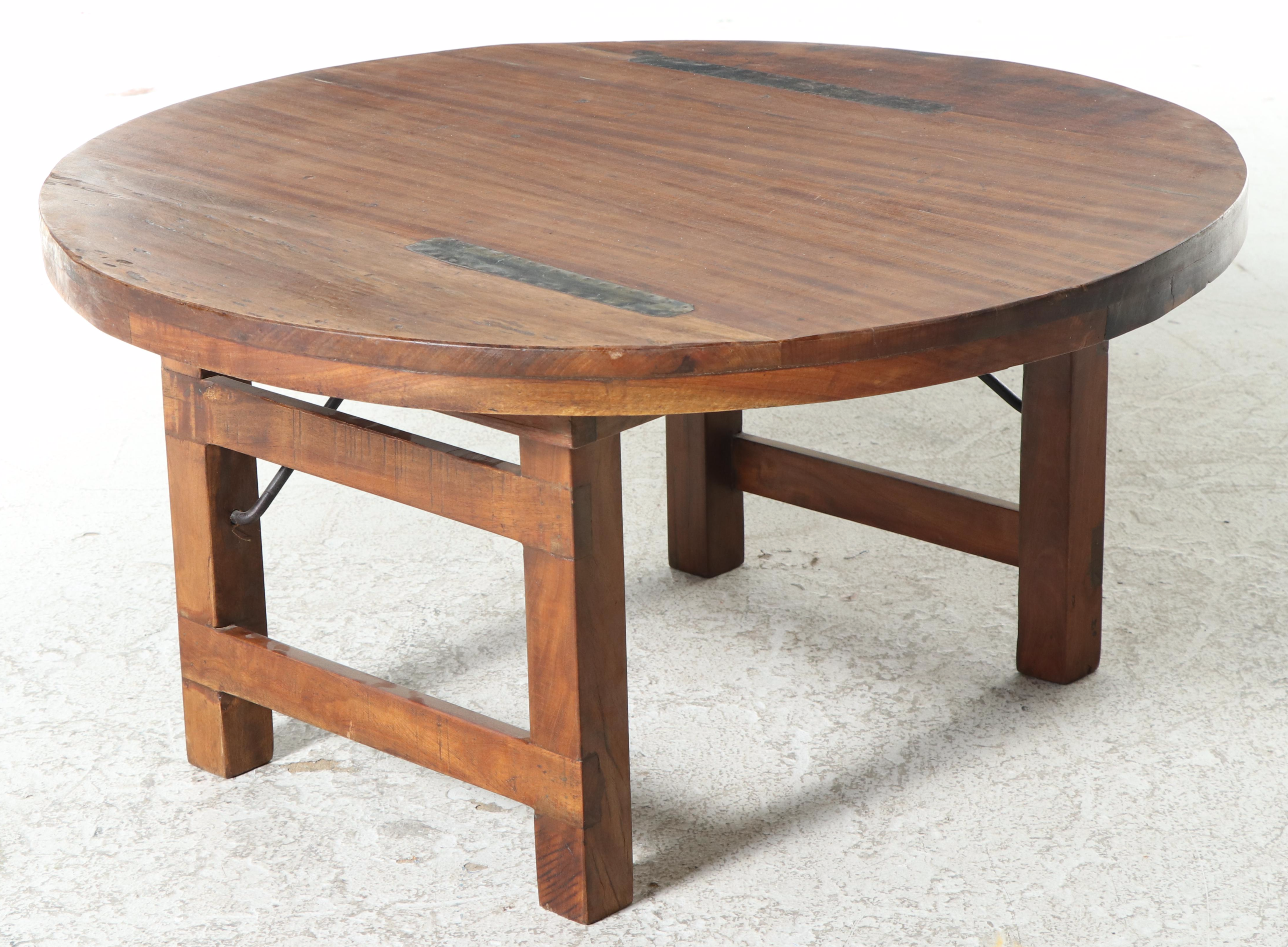 Arts & Crafts Style Round Folding Coffee Table with Metal Patches, 20th Century