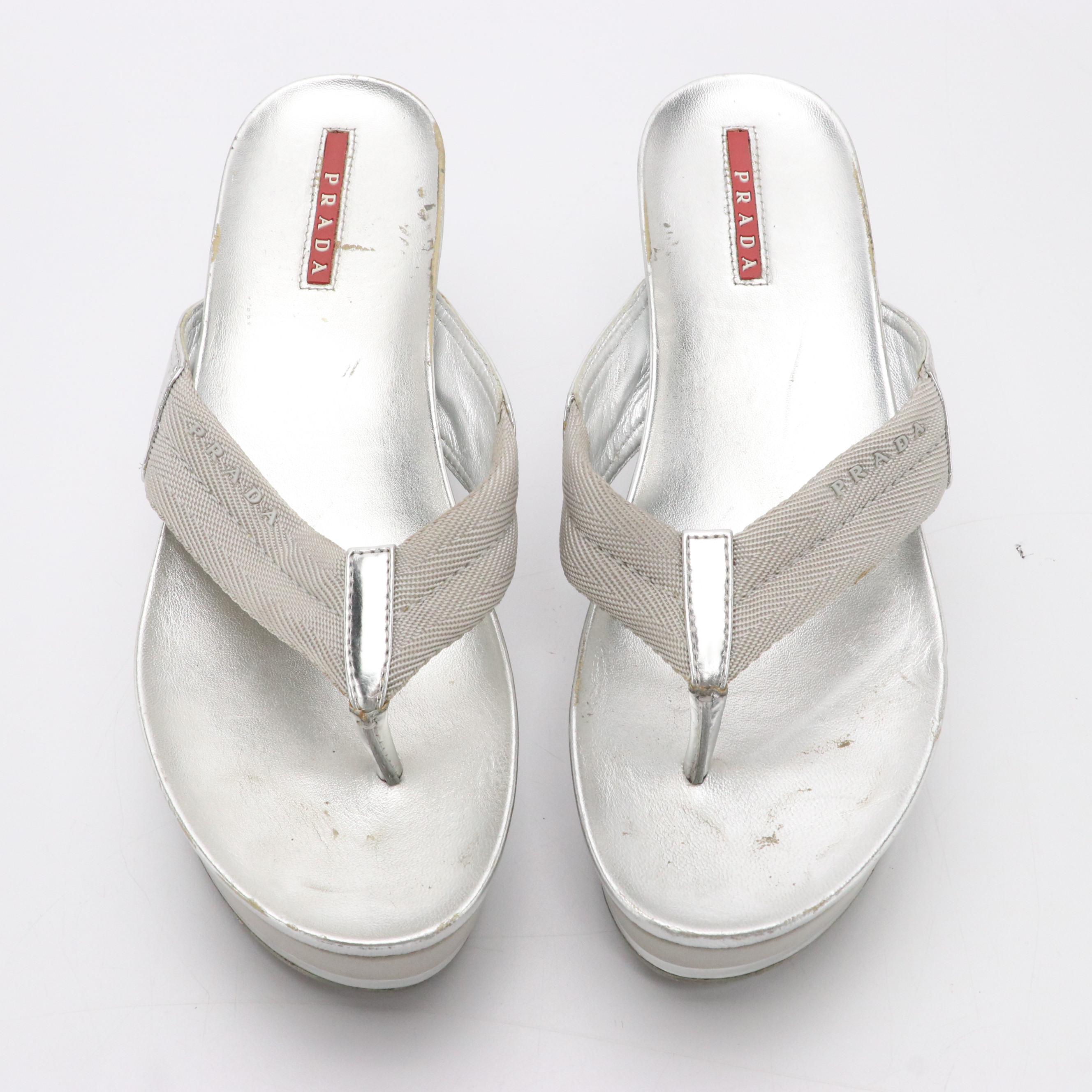 Prada Sport Metallic Silver Platform Thong Wedge Sandals