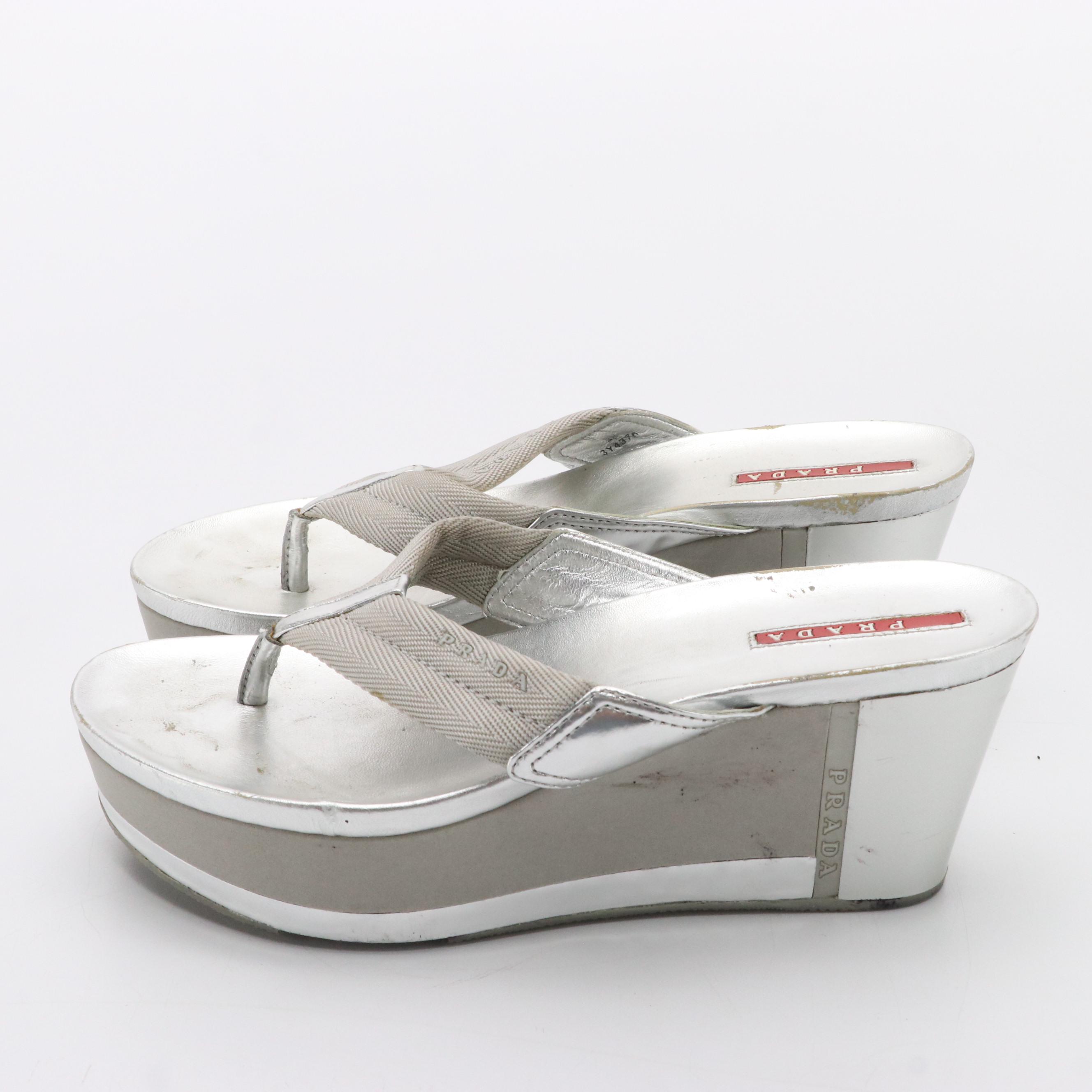 Prada Sport Metallic Silver Platform Thong Wedge Sandals