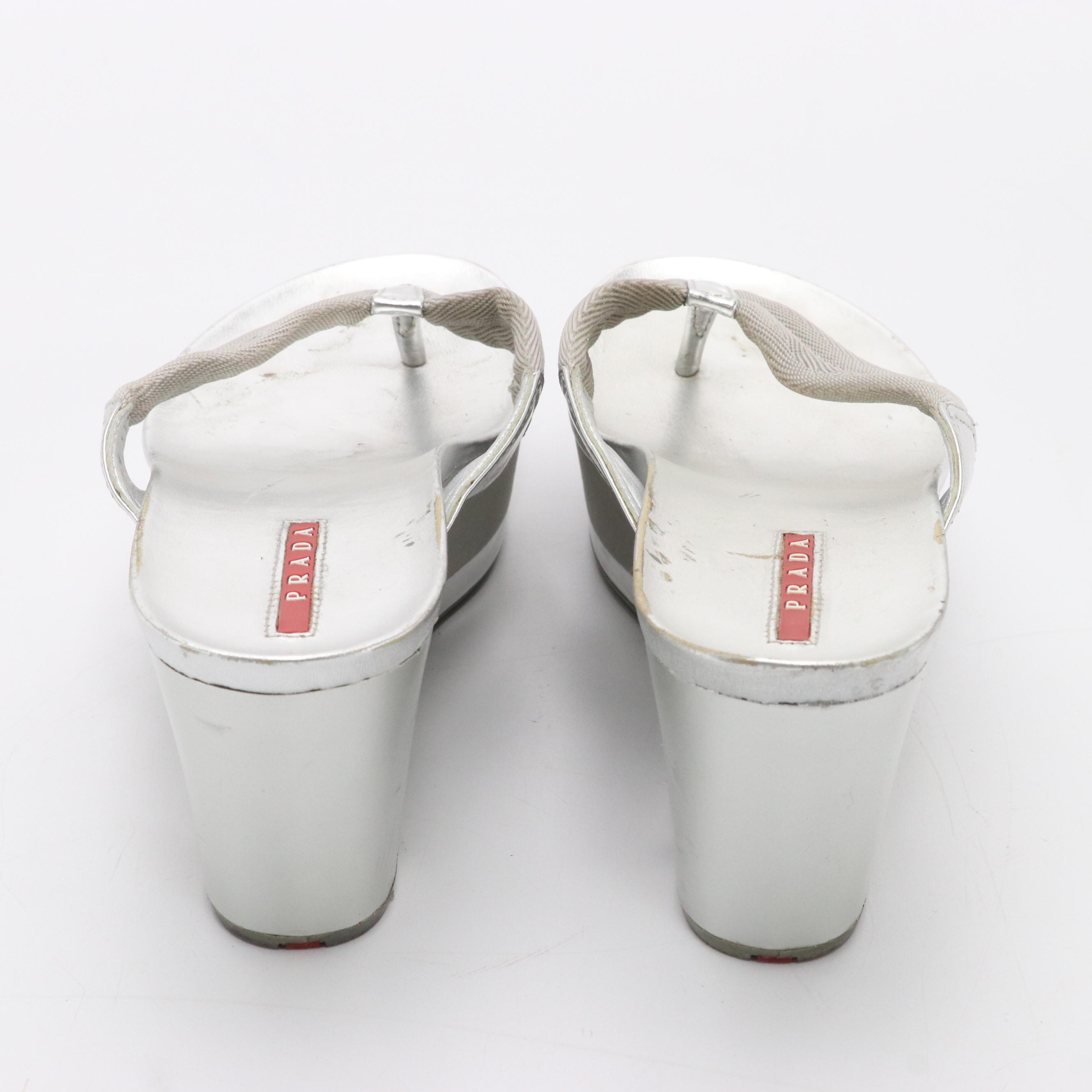 Prada Sport Metallic Silver Platform Thong Wedge Sandals