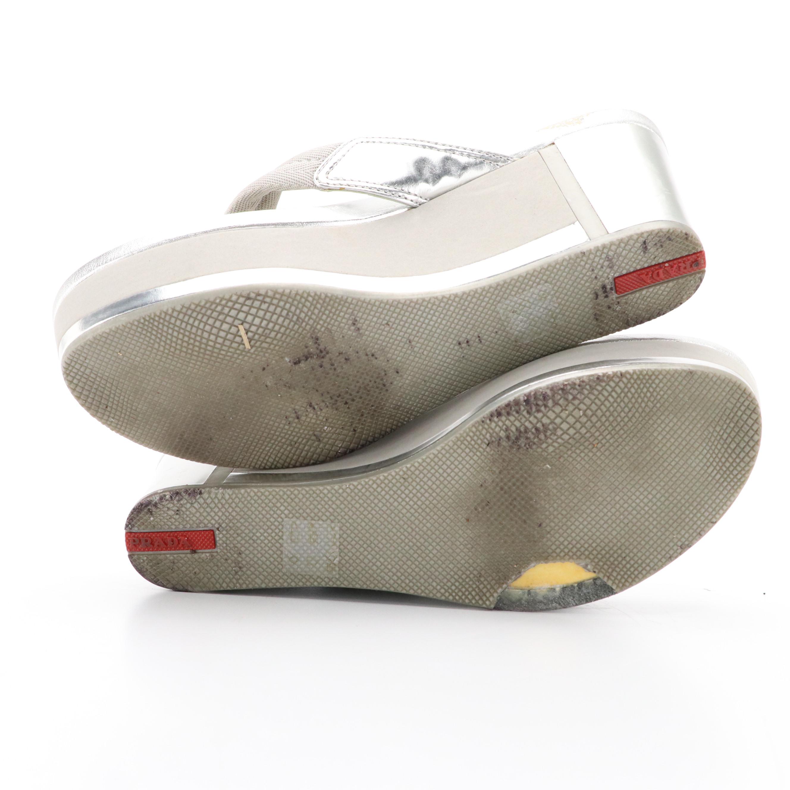 Prada Sport Metallic Silver Platform Thong Wedge Sandals