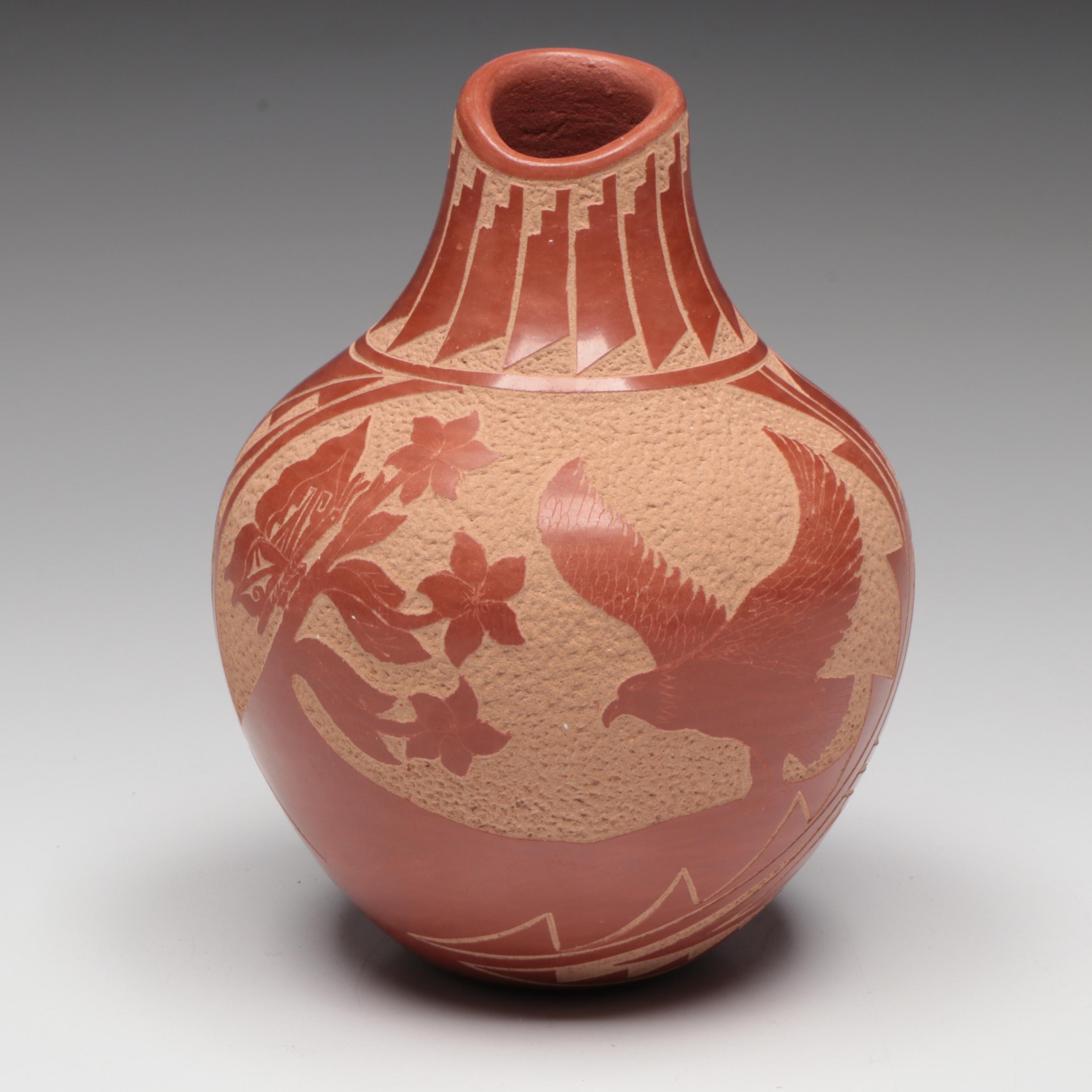 Carol Vigil Jemez Pueblo Sgraffito Redware Art Pottery Vase
