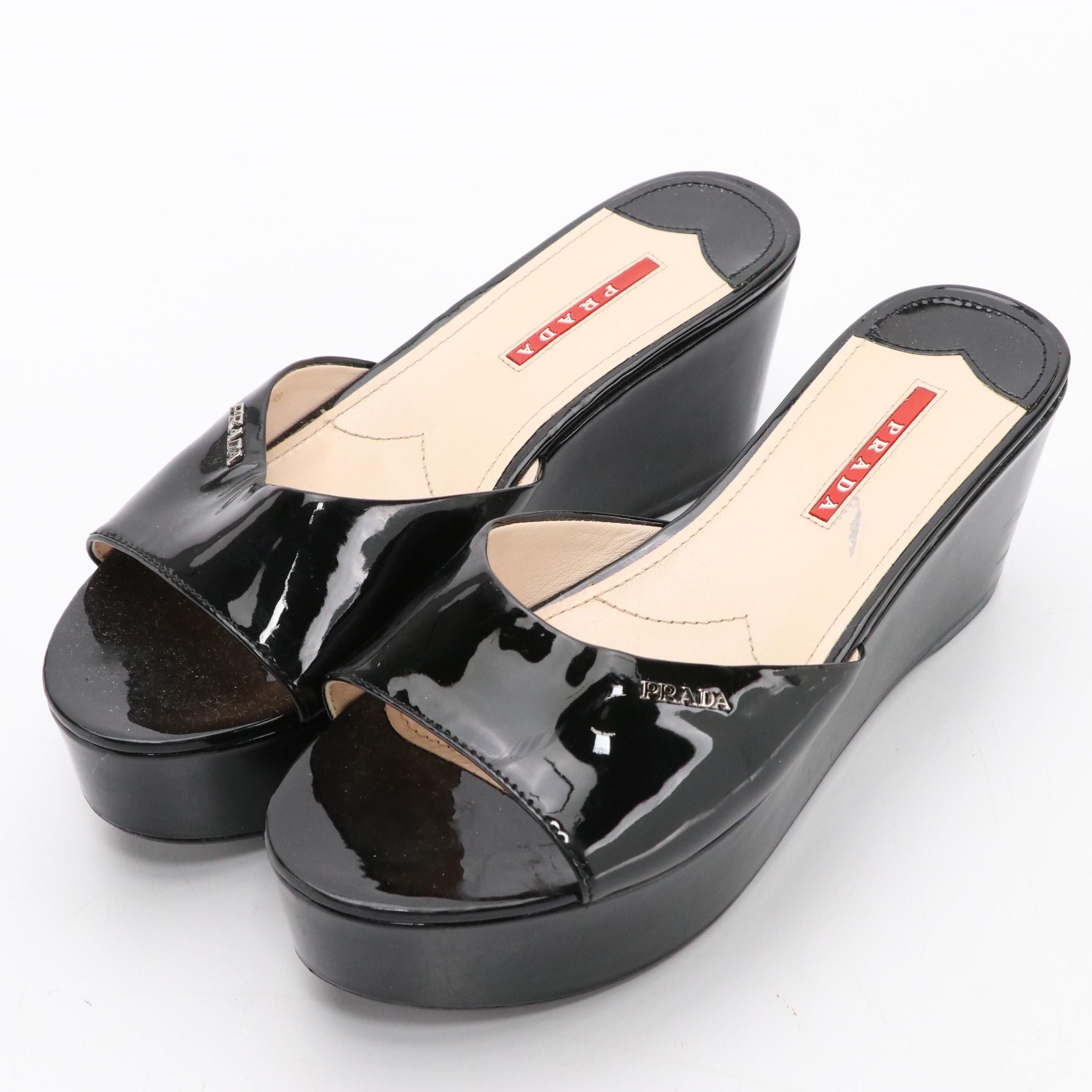 Prada Sport Black Patent Leather Platform Slides