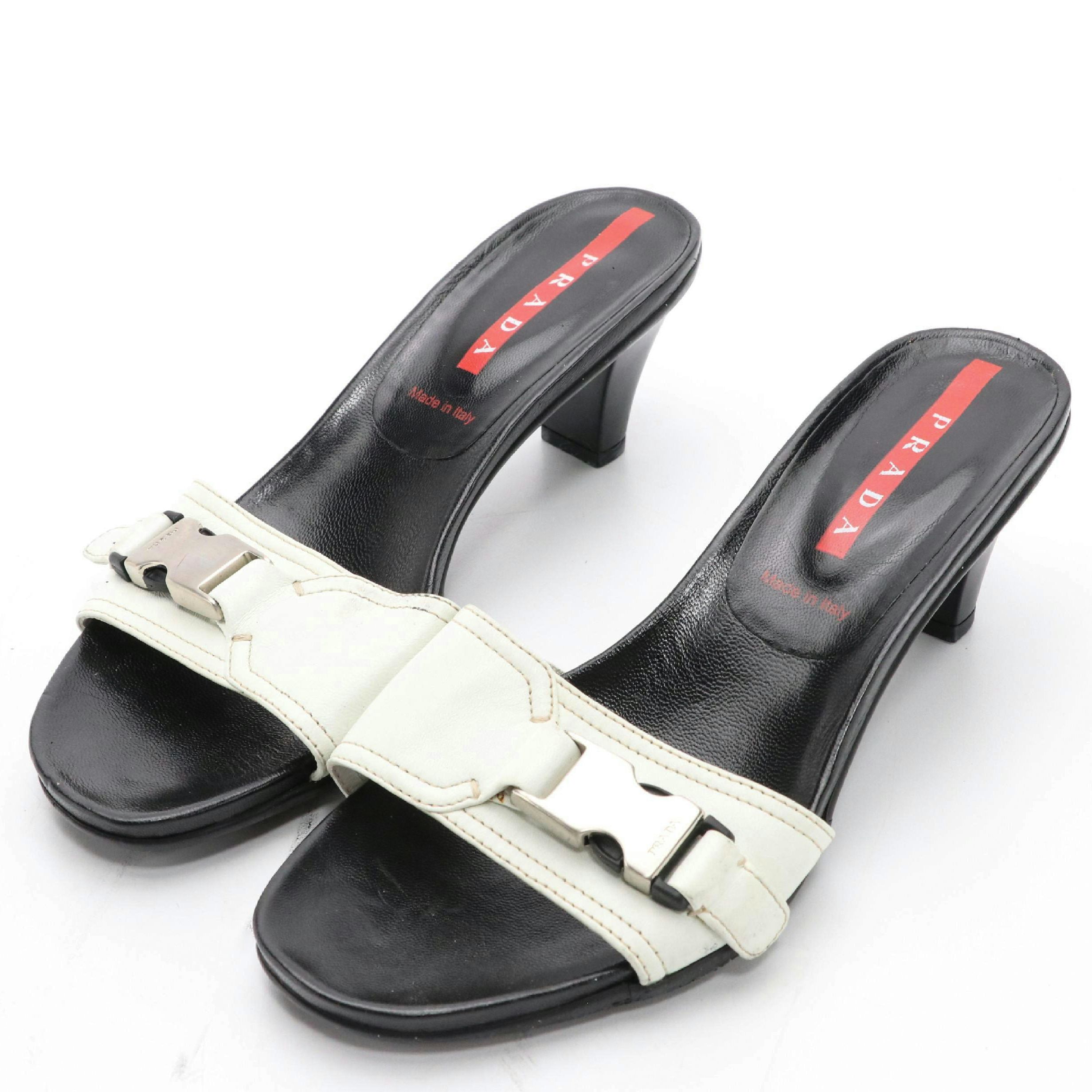 Prada Sport Black & White Leather Buckle Strap Low-Heeled Sandals