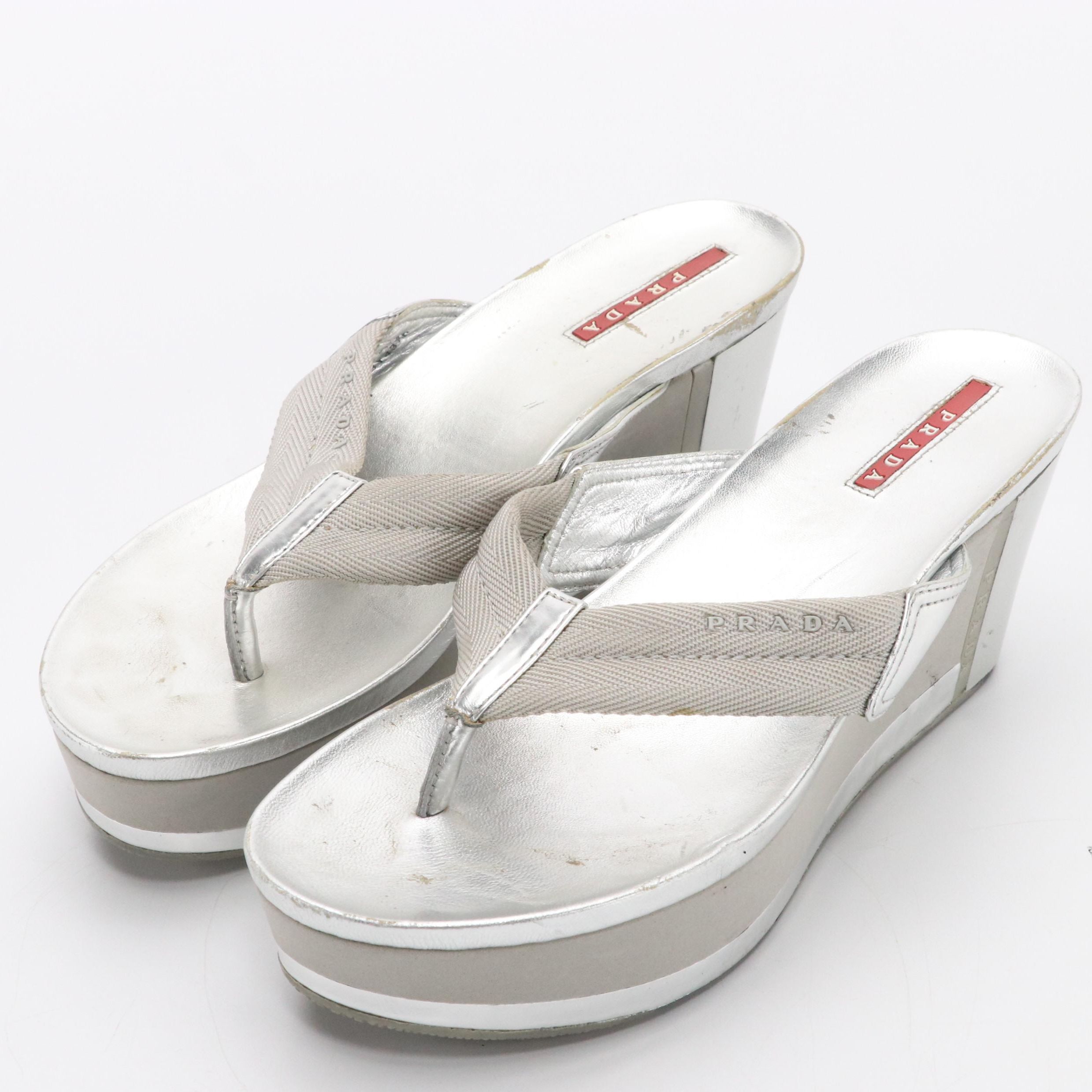 Prada Sport Metallic Silver Platform Thong Wedge Sandals