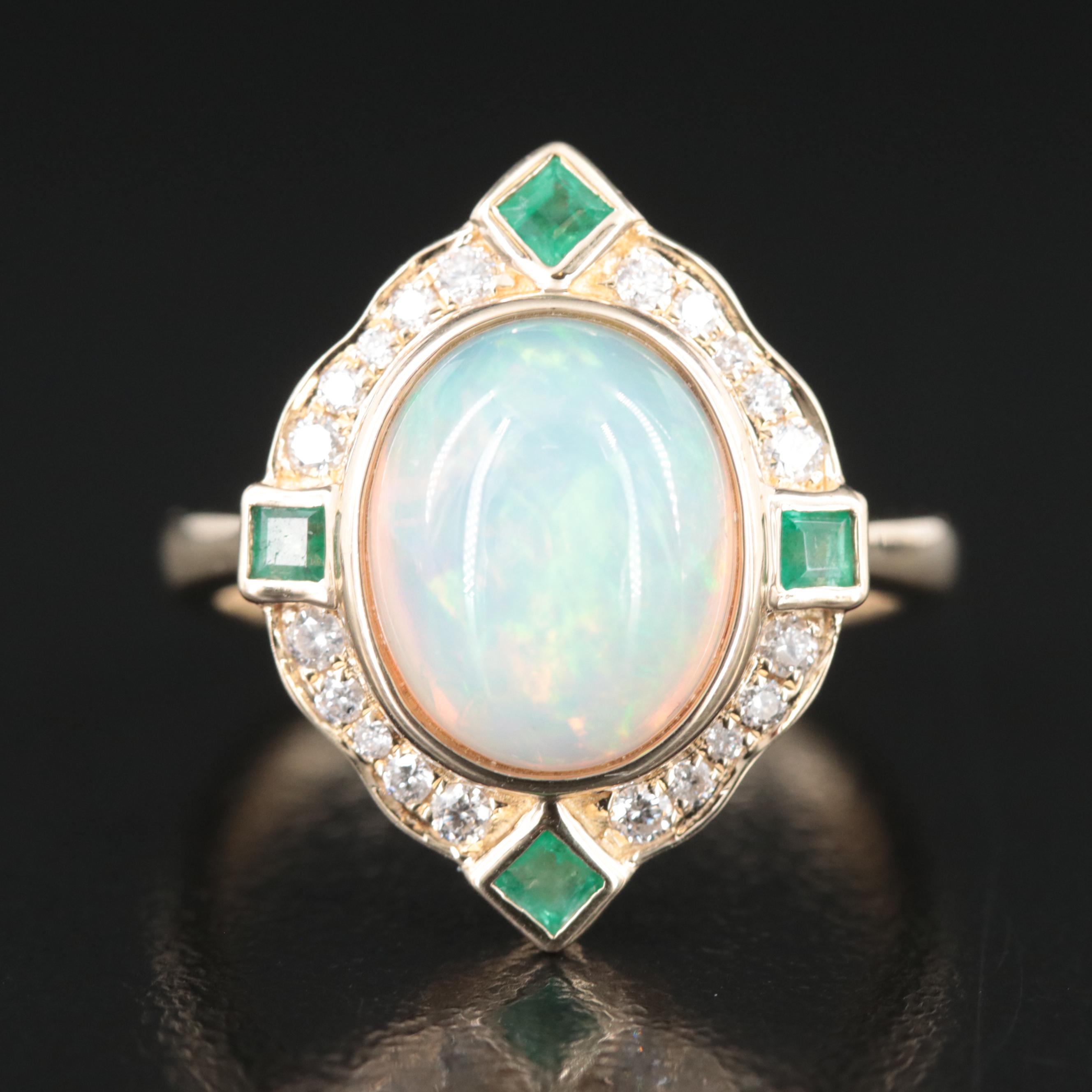 10K Opal, Diamond and Emerald Ring