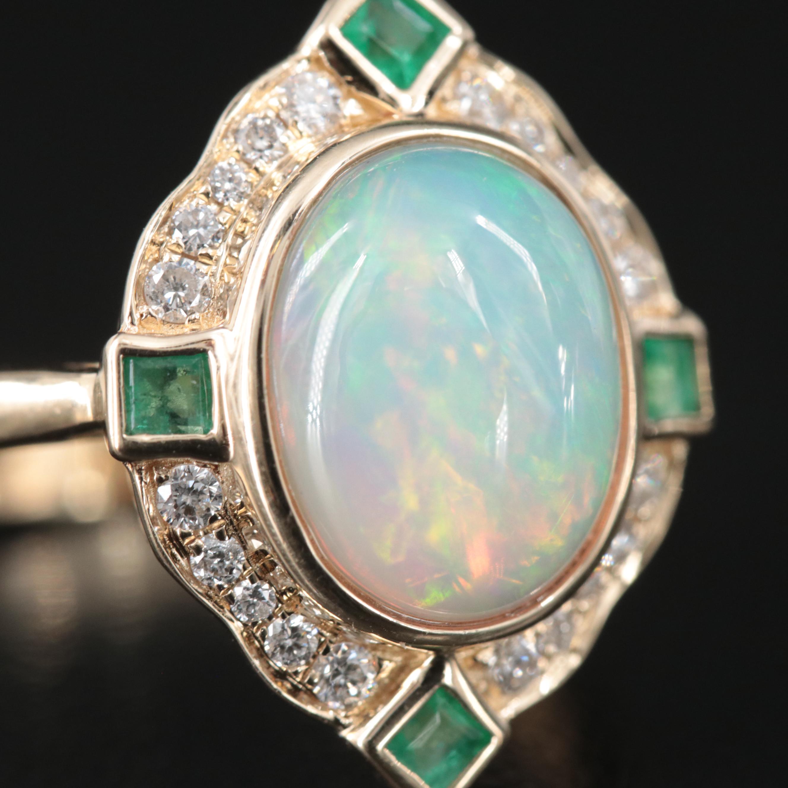 10K Opal, Diamond and Emerald Ring