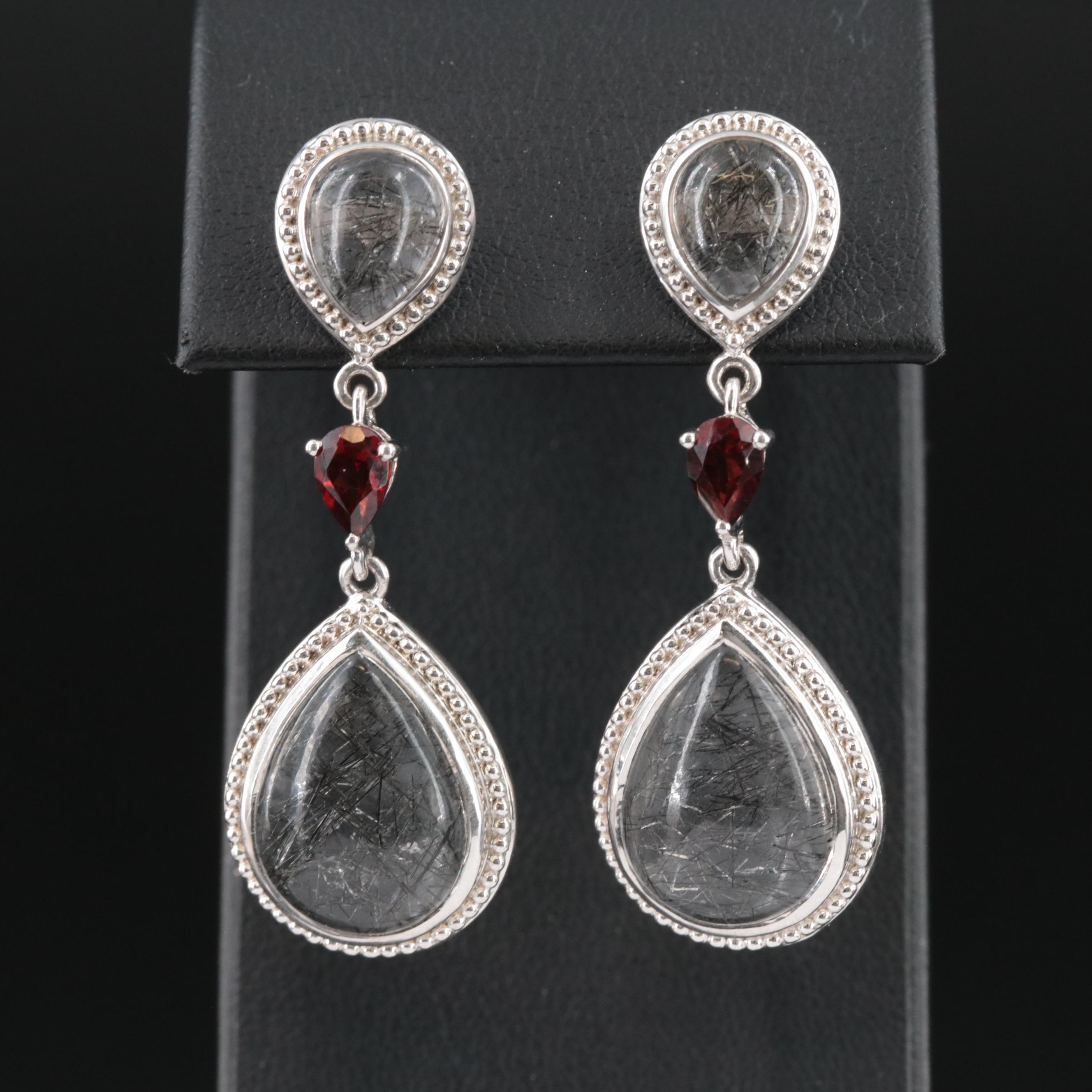 Sterling Tourmalinated Quartz and Garnet Dangle Earrings