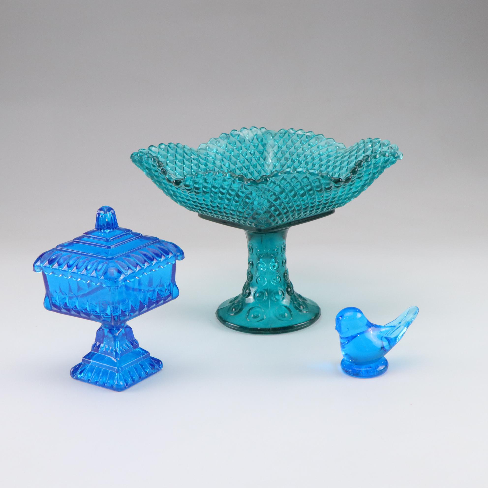 Leo Ward Bluebird Figurine, L.E. Smith Pedestal Bowl, and Jeannette Candy Jar
