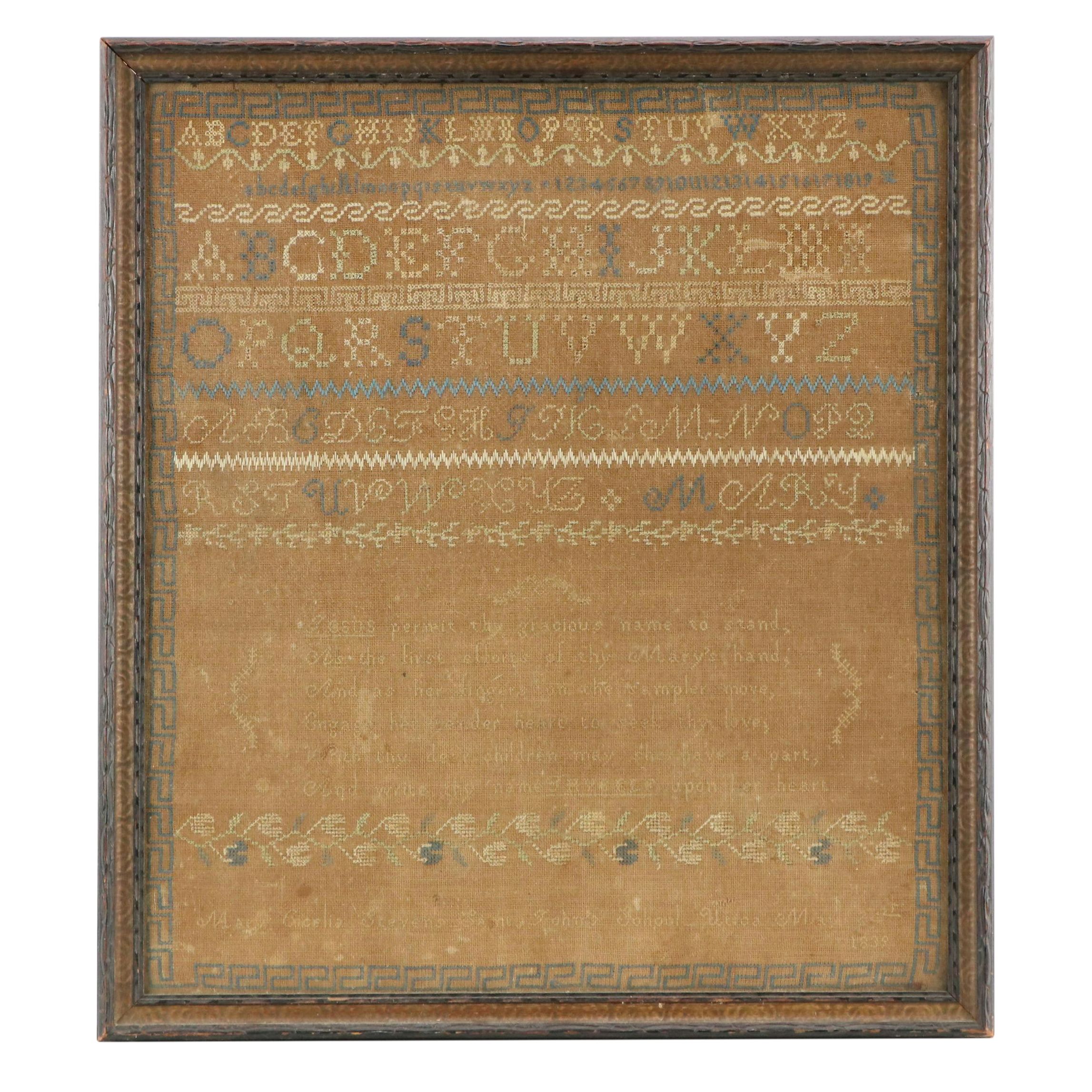 Signed Cross-Stitch and Embroidery Sampler in Wooden Frame, 1839