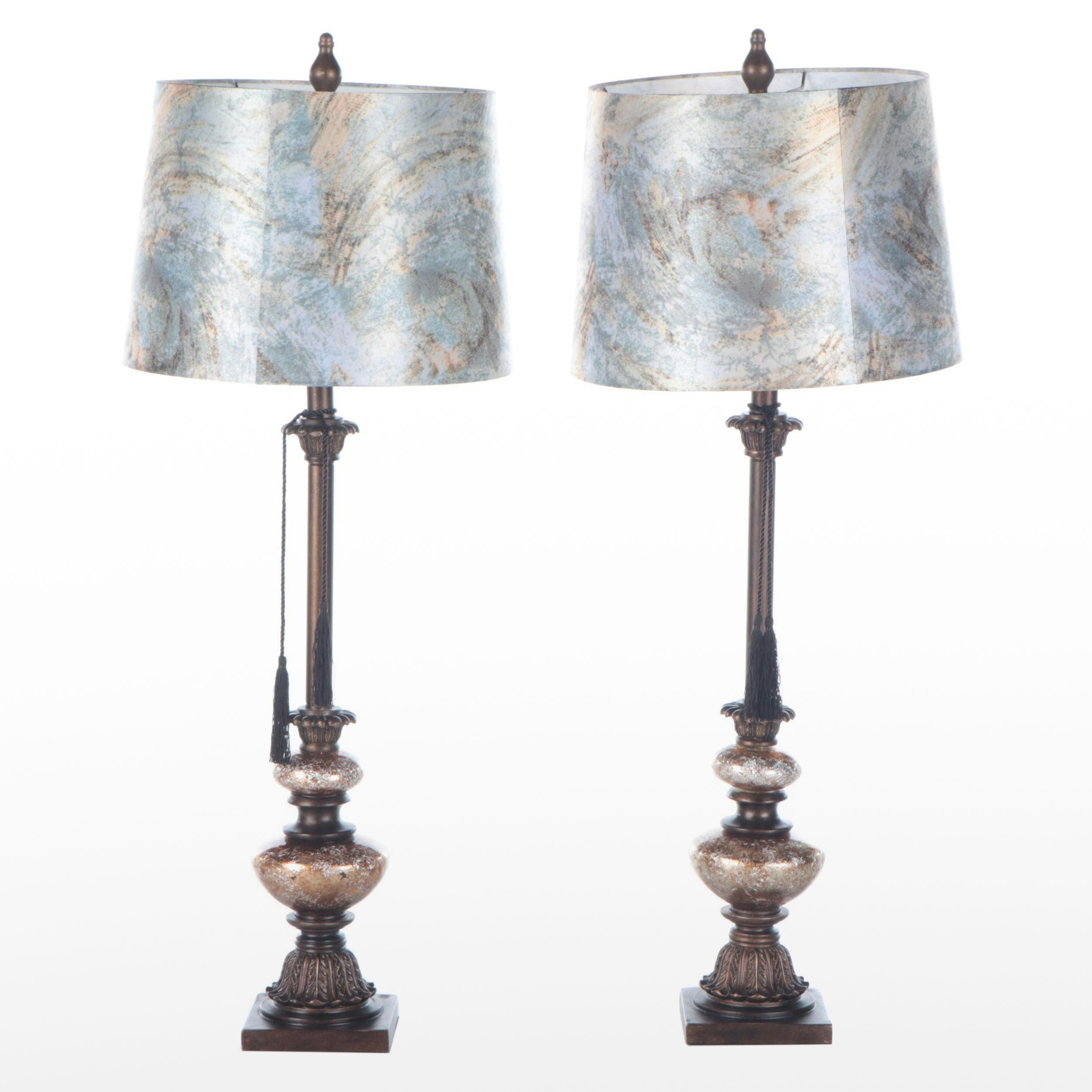 Pair of Mercury Glass and Bronzed Resin Candlestick Lamps with Marbleized Shades
