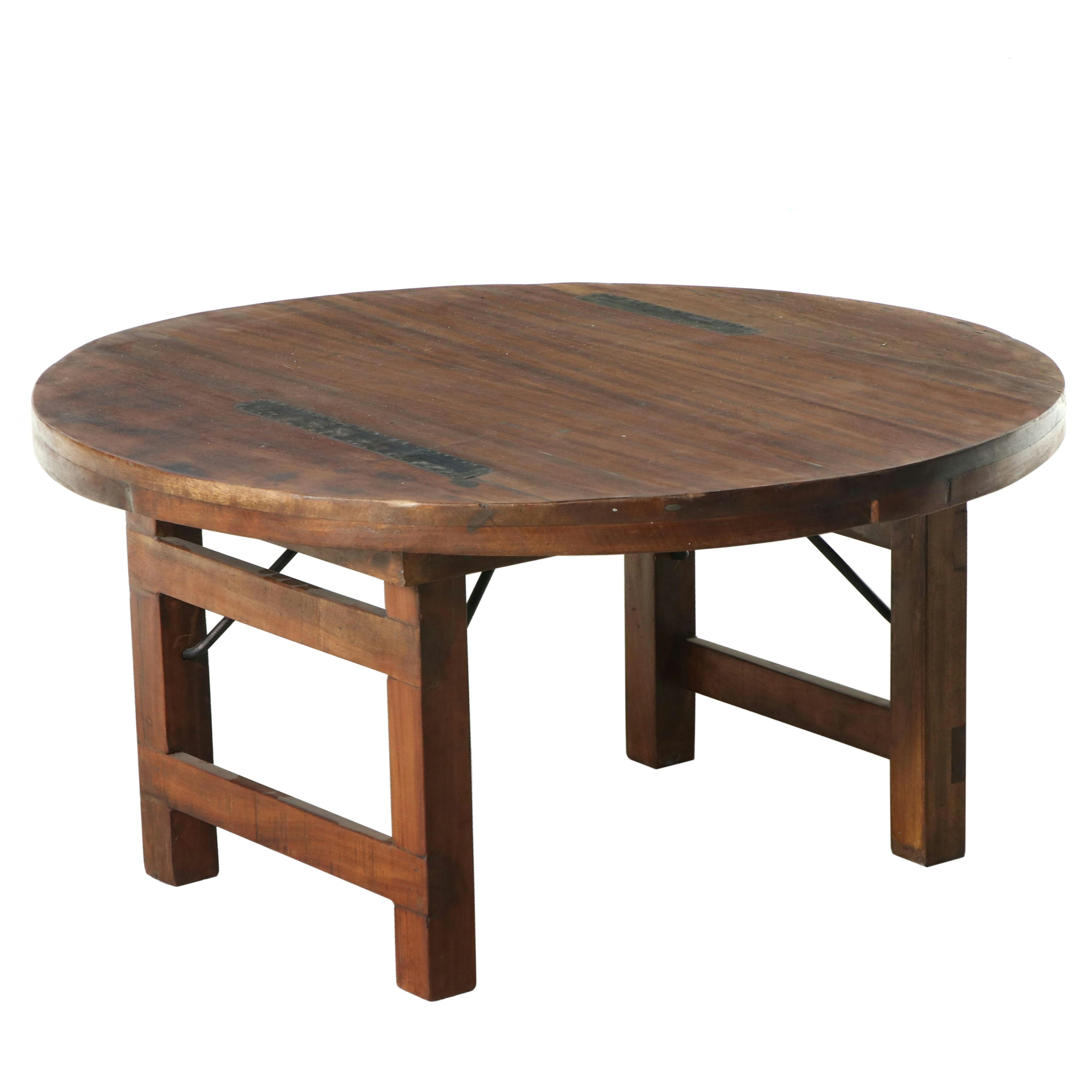 Arts & Crafts Style Round Folding Coffee Table with Metal Patches, 20th Century