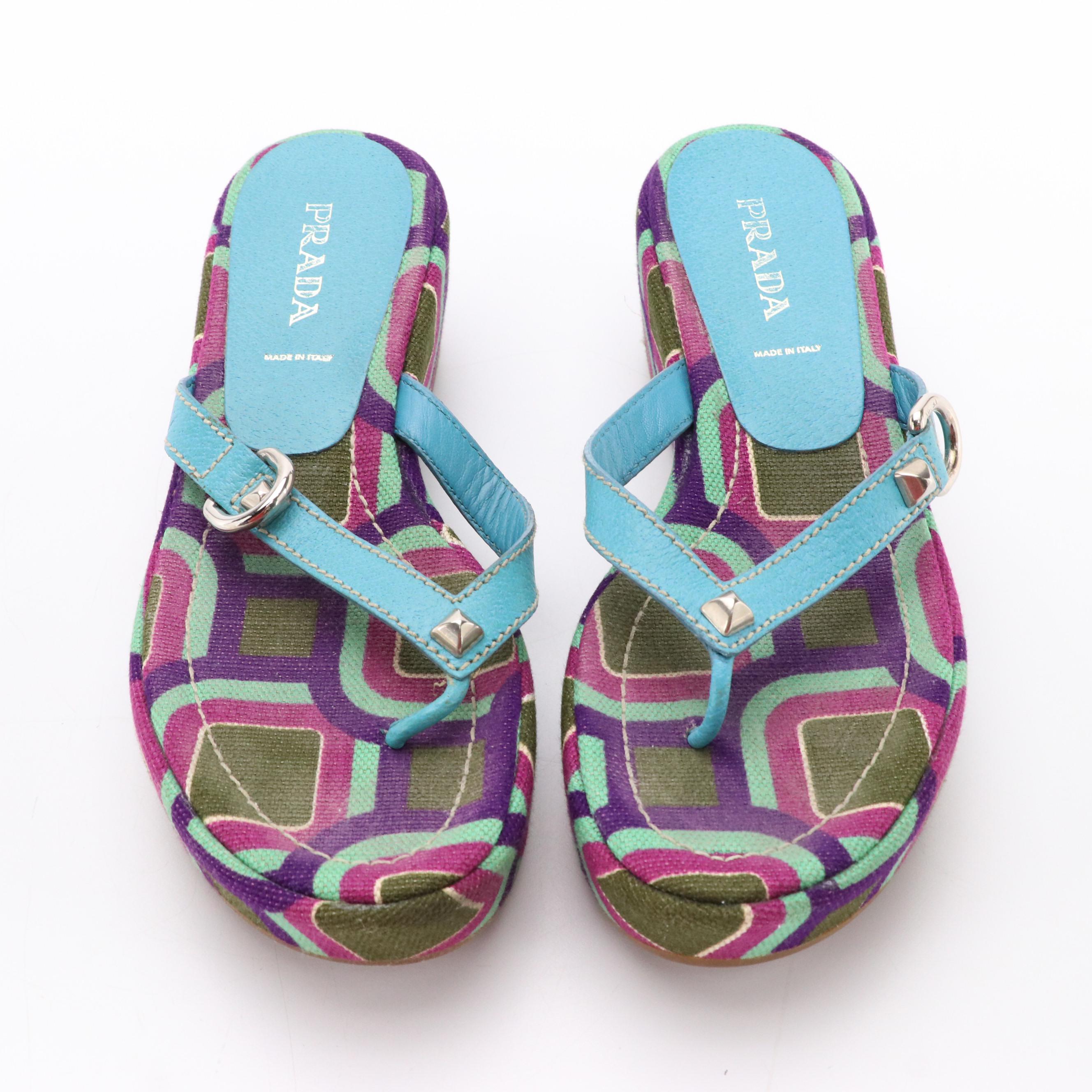 Prada Studded Platform Flip-Flops in Multicolor Woven Canvas