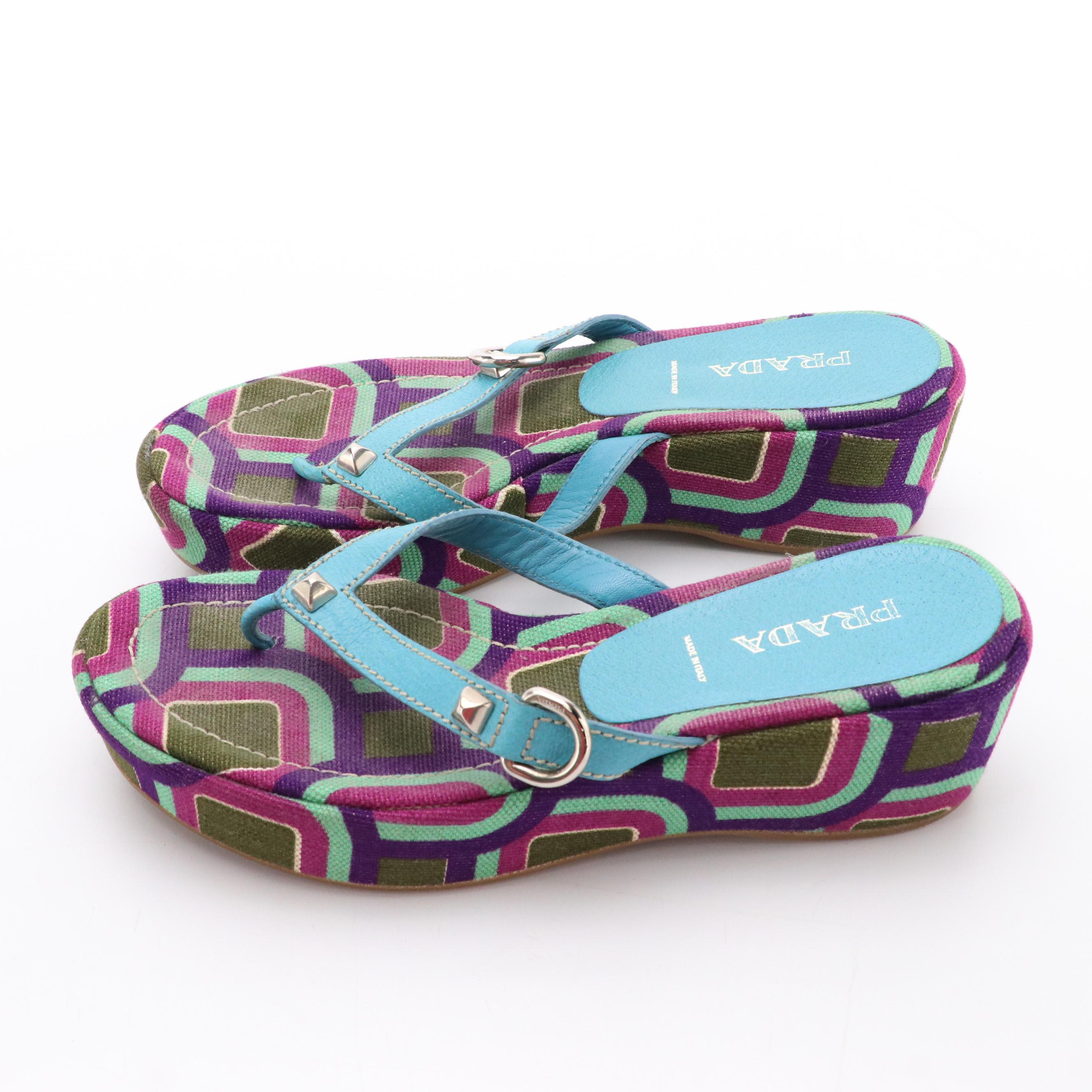 Prada Studded Platform Flip-Flops in Multicolor Woven Canvas