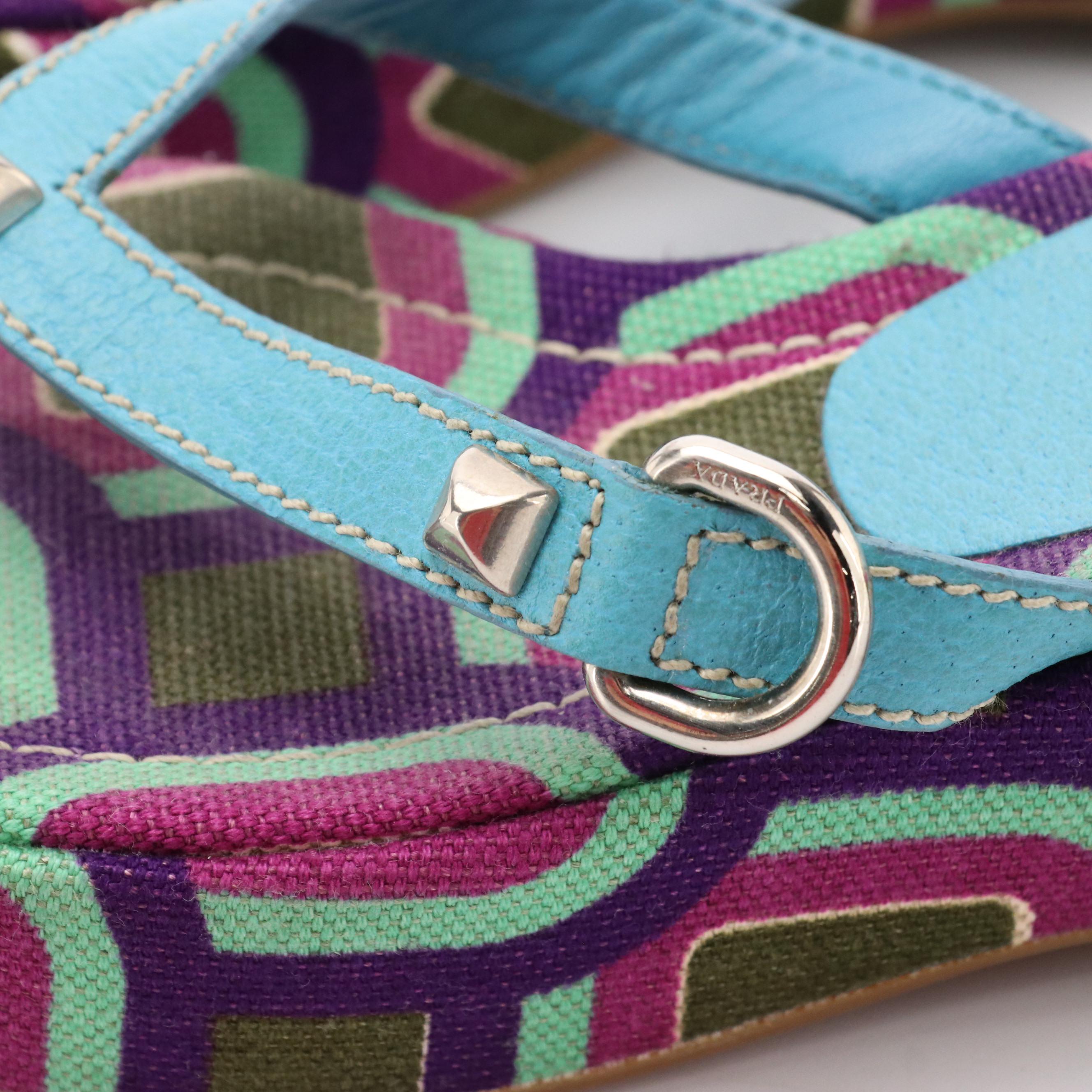 Prada Studded Platform Flip-Flops in Multicolor Woven Canvas