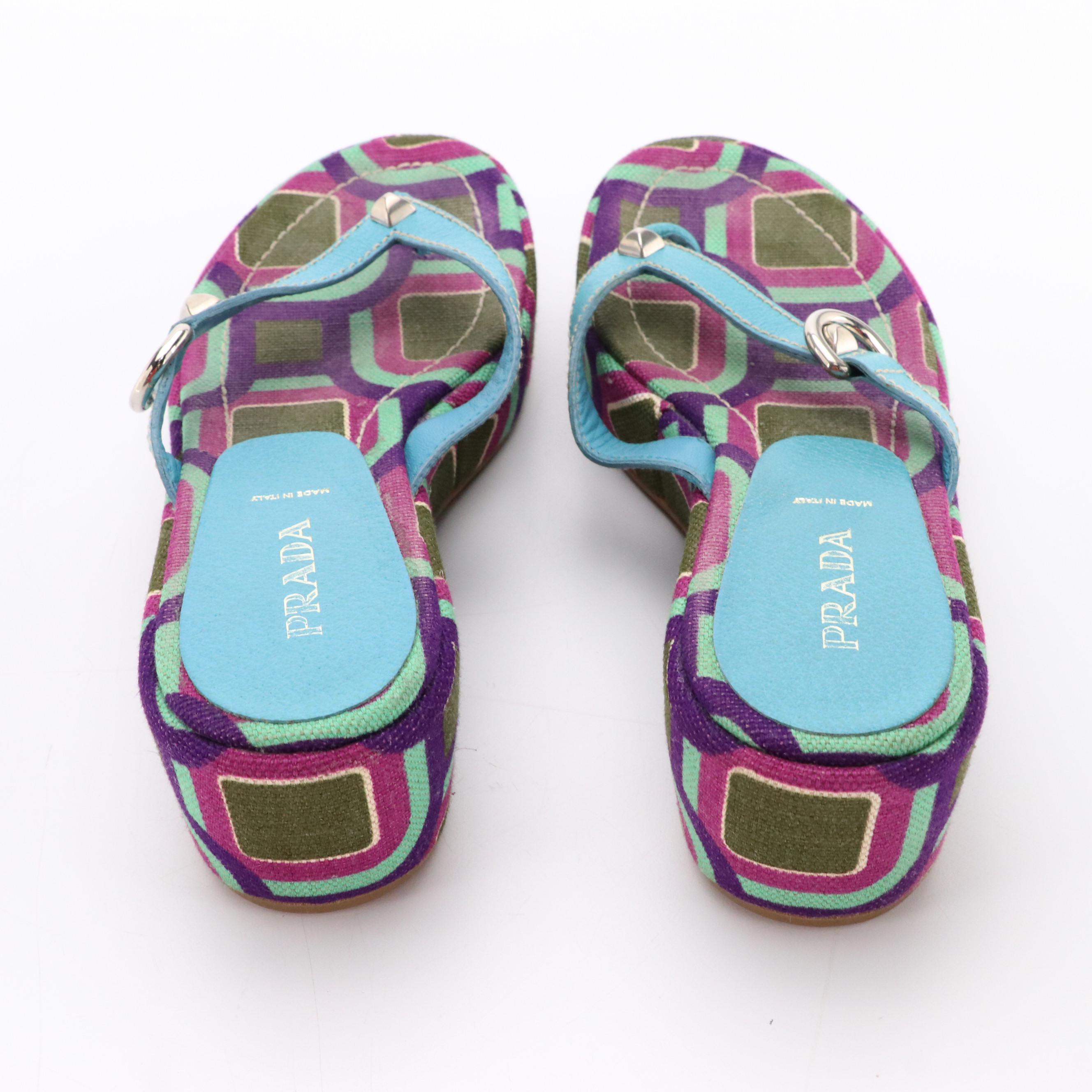 Prada Studded Platform Flip-Flops in Multicolor Woven Canvas