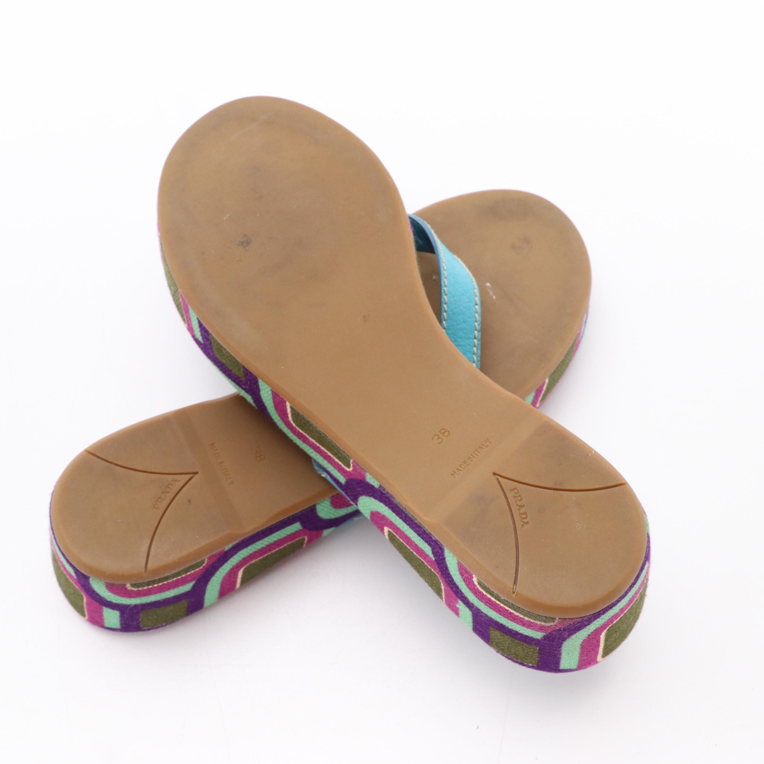 Prada Studded Platform Flip-Flops in Multicolor Woven Canvas