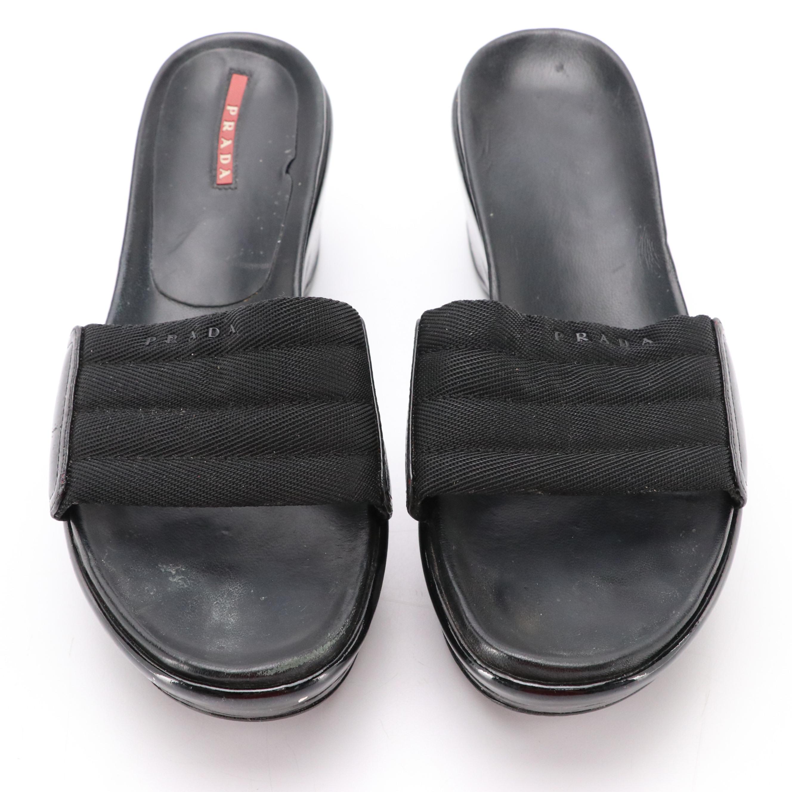 Prada Sport Platform Wedge Sandals in Patent Leather/Leather