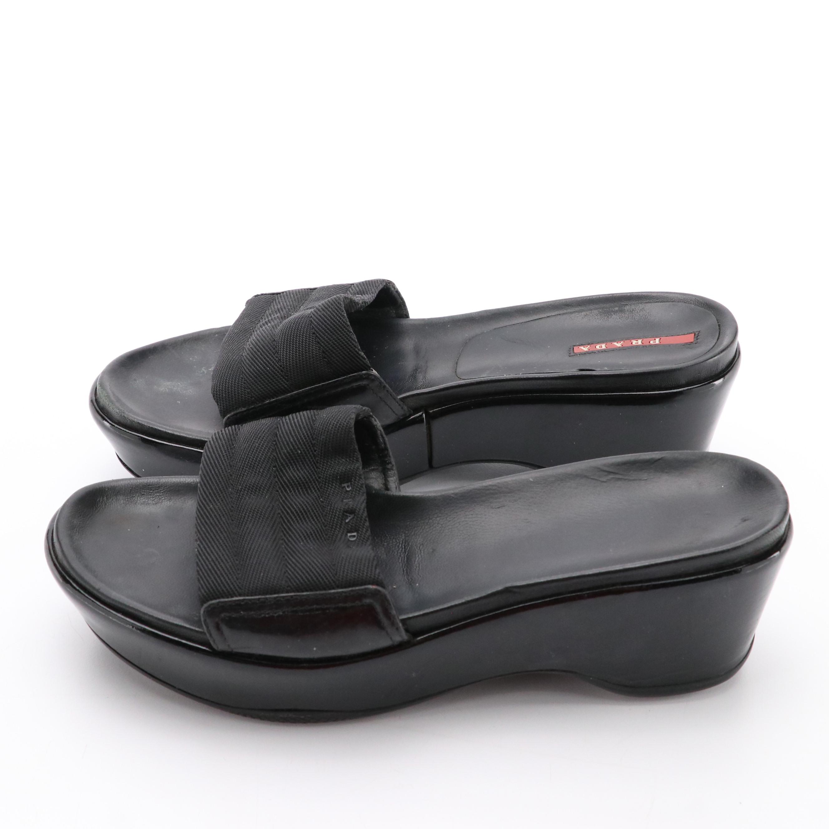 Prada Sport Platform Wedge Sandals in Patent Leather/Leather