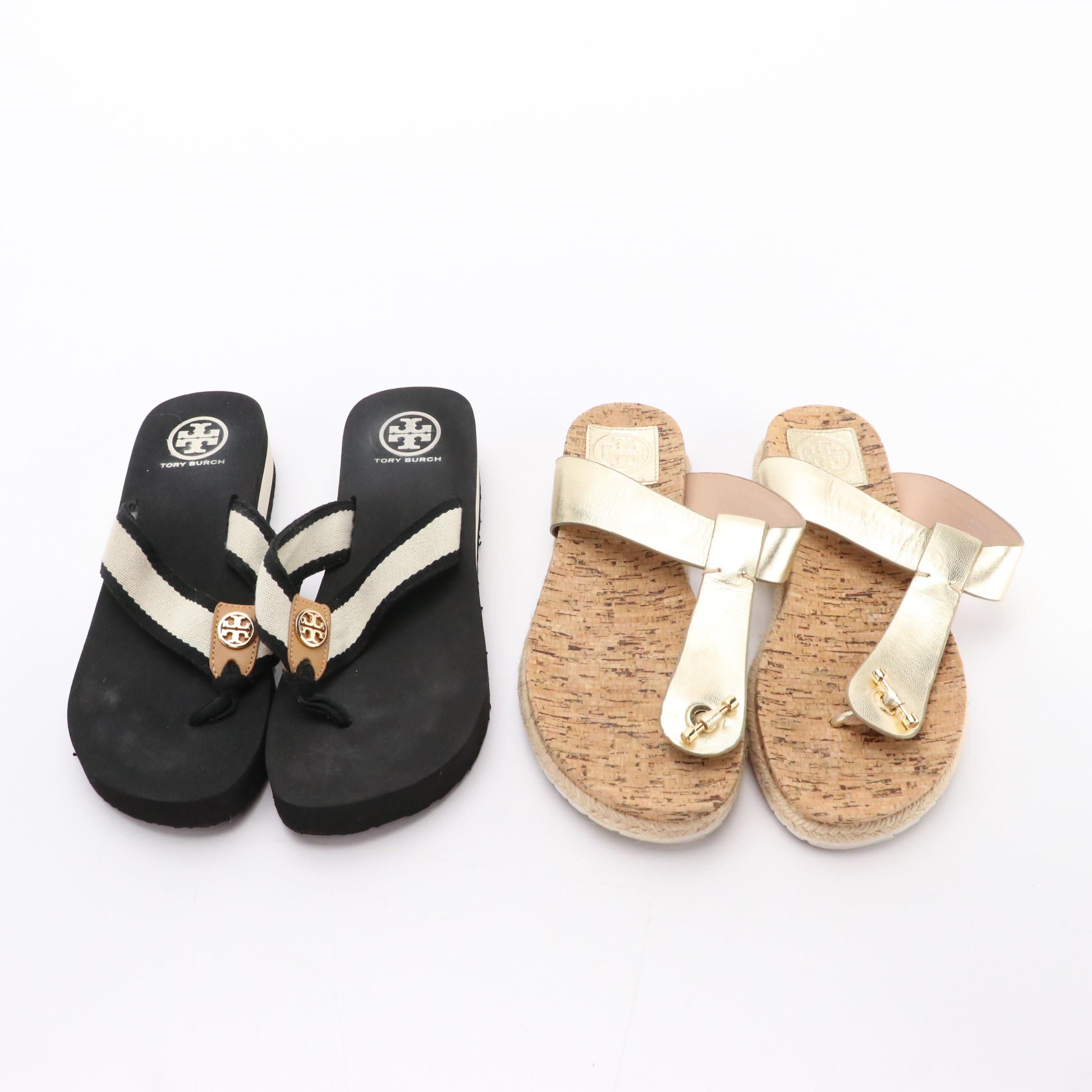 Tory Burch B&W Web Stripe Flip Flops, Metallic Leather and Cork Sandals