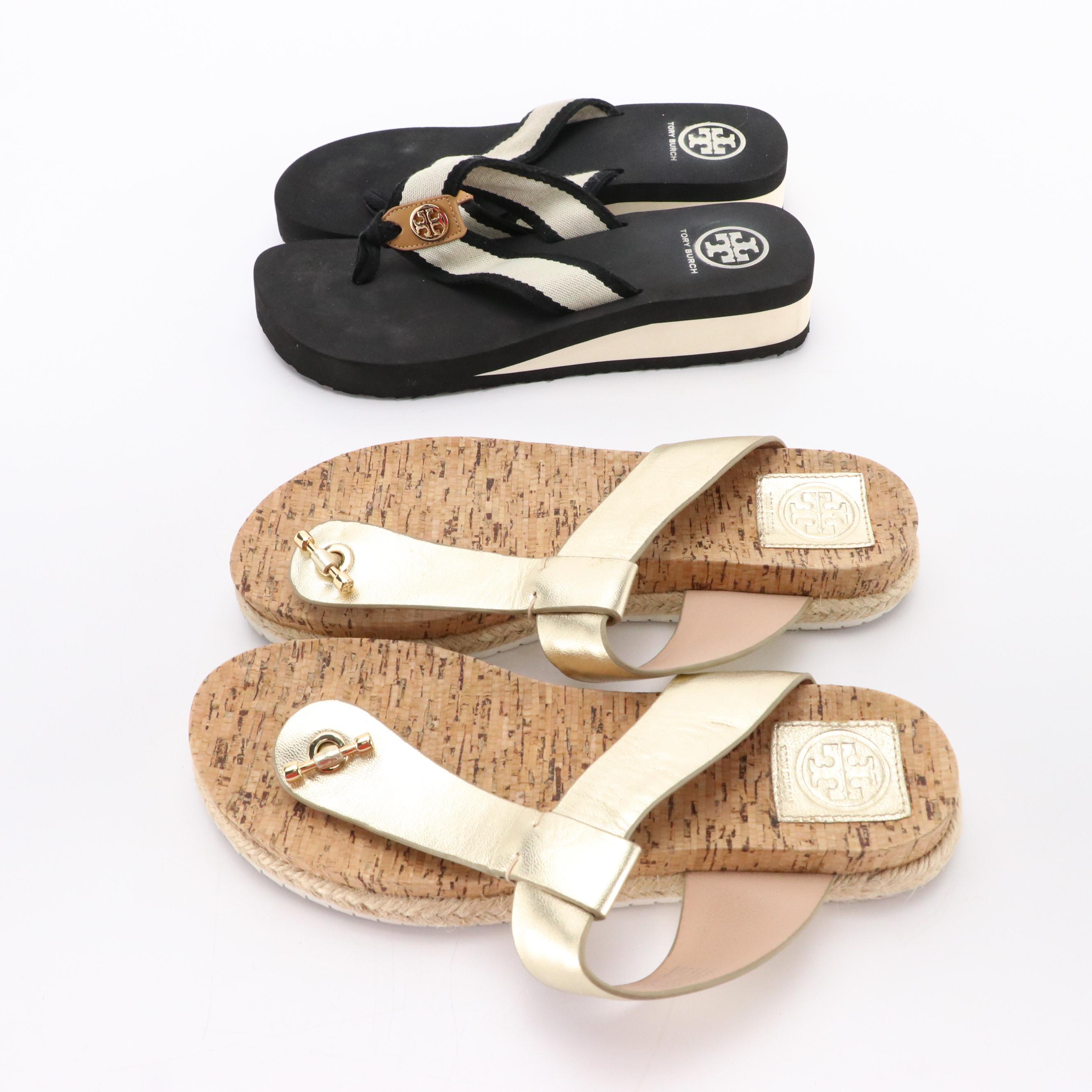 Tory Burch B&W Web Stripe Flip Flops, Metallic Leather and Cork Sandals