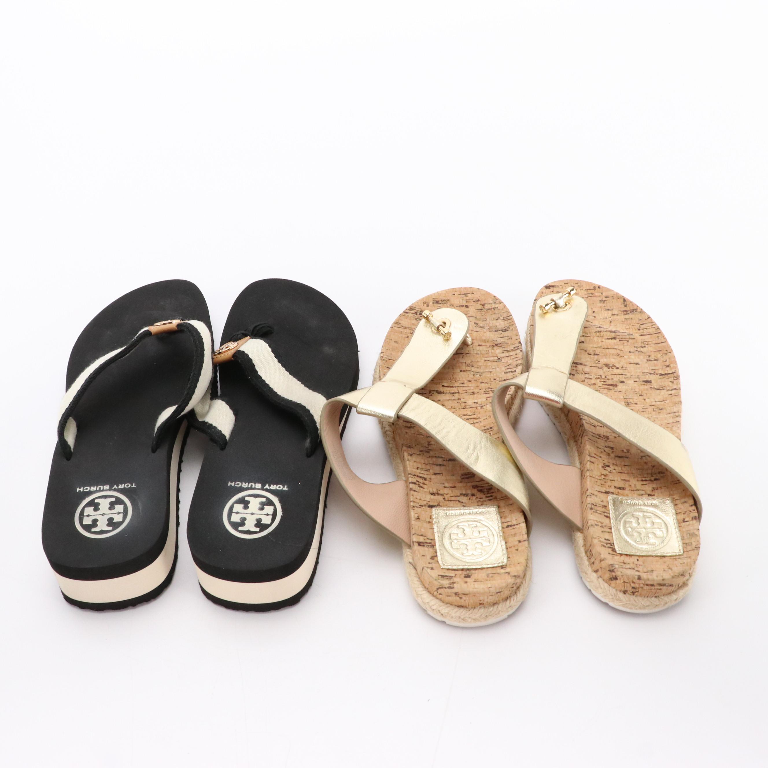 Tory Burch B&W Web Stripe Flip Flops, Metallic Leather and Cork Sandals