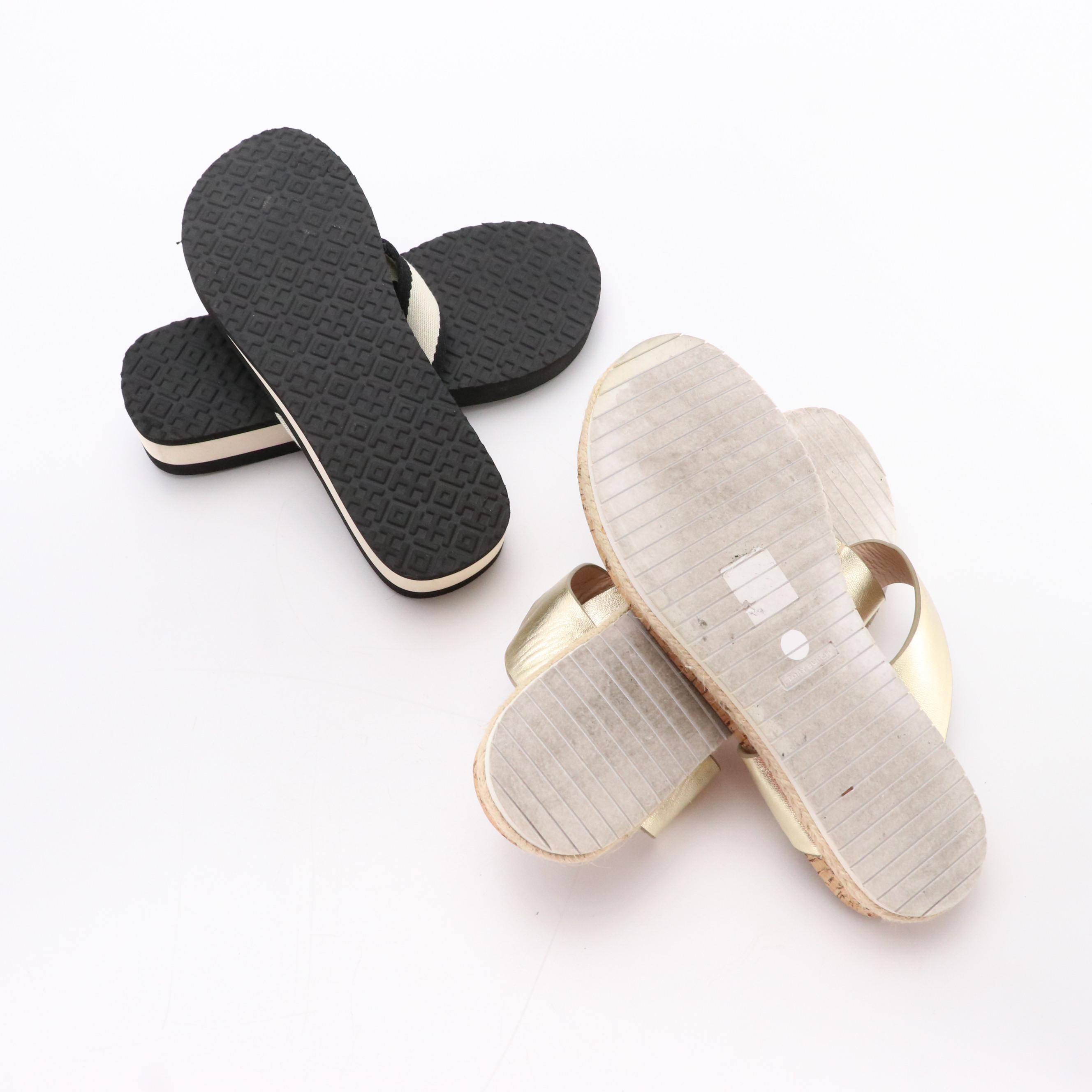 Tory Burch B&W Web Stripe Flip Flops, Metallic Leather and Cork Sandals