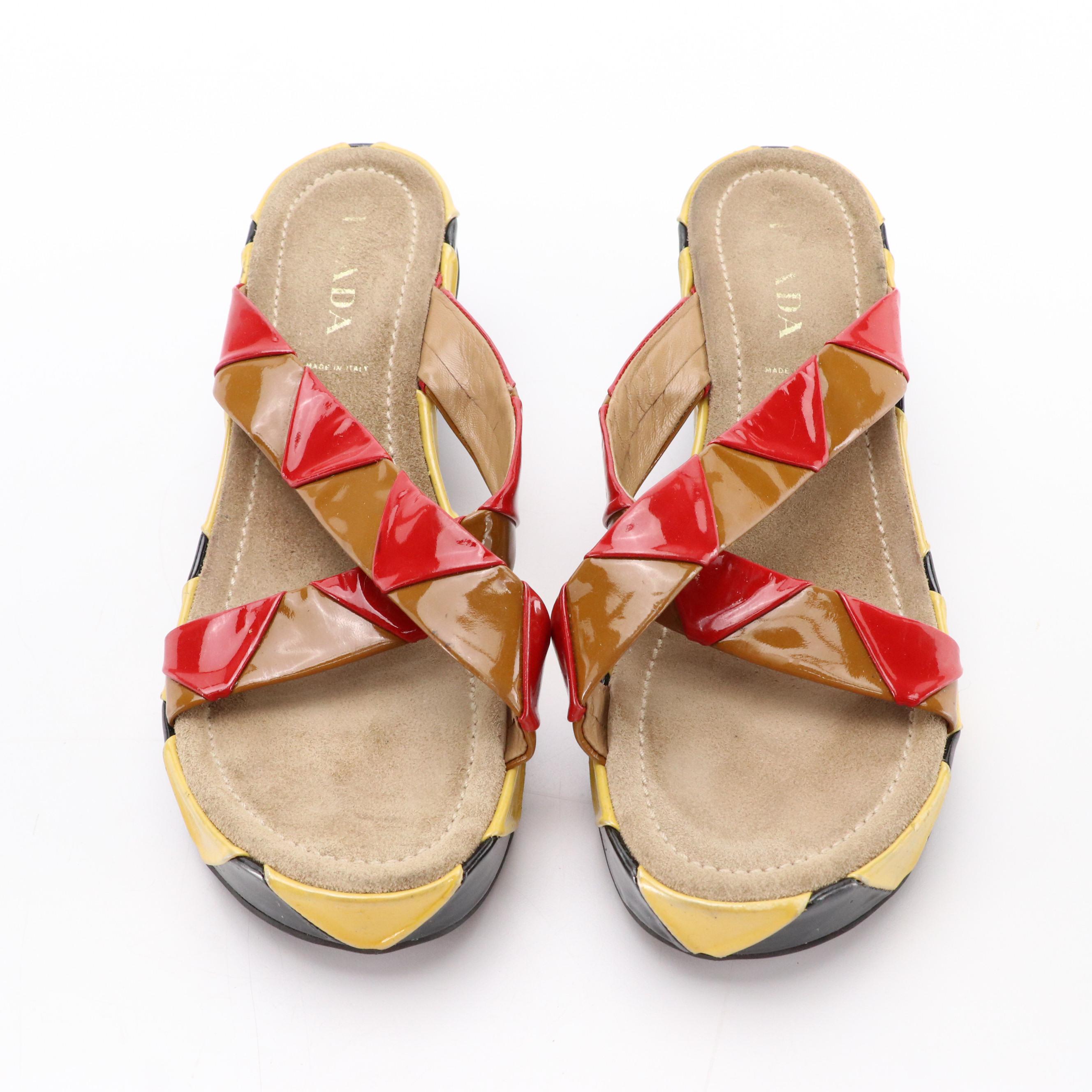 Prada Kitten Heel Sandals in Harlequin Pattern Patent Leather