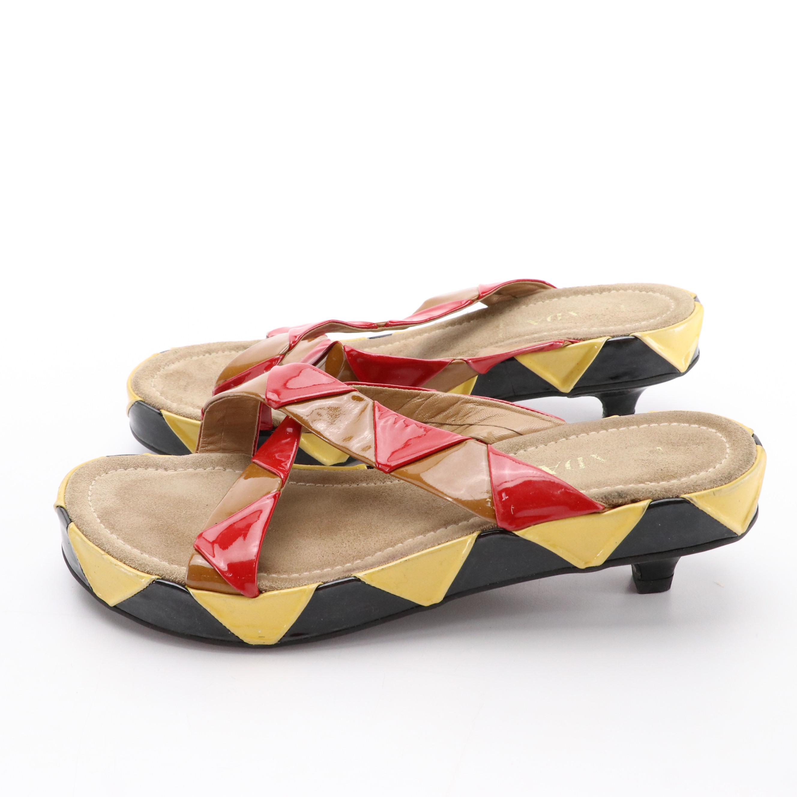 Prada Kitten Heel Sandals in Harlequin Pattern Patent Leather
