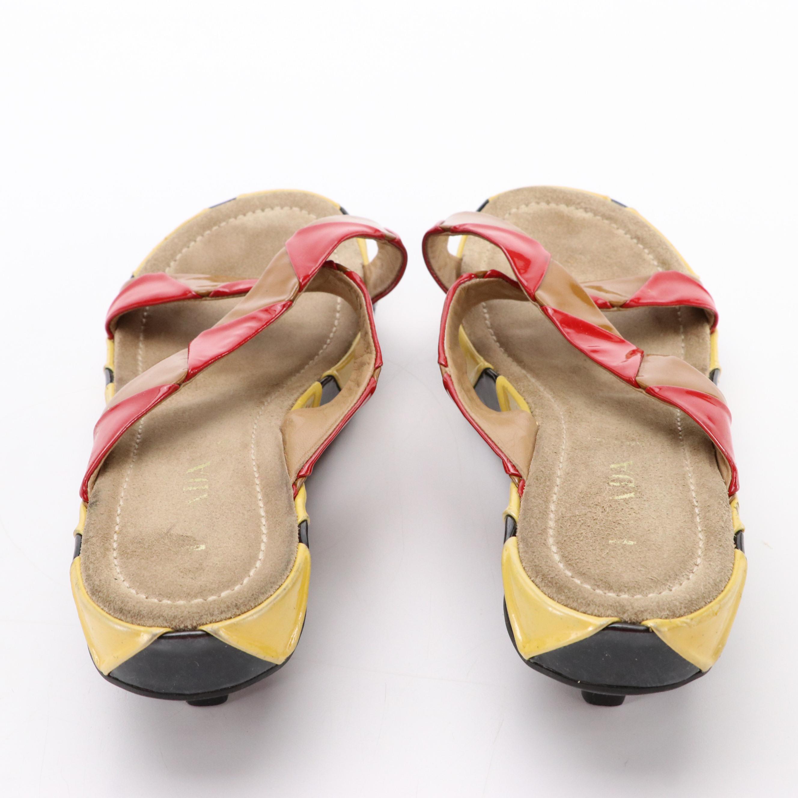 Prada Kitten Heel Sandals in Harlequin Pattern Patent Leather