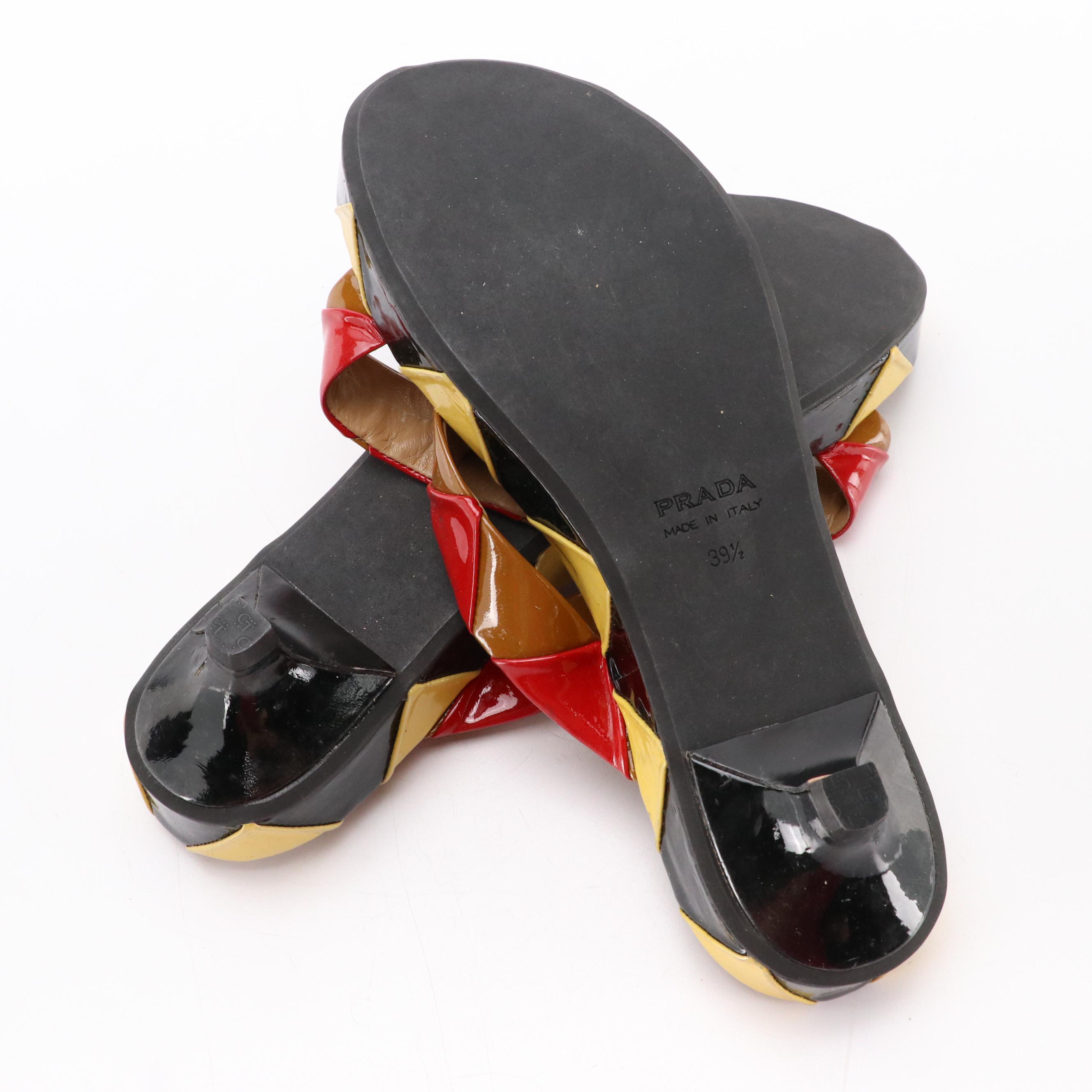 Prada Kitten Heel Sandals in Harlequin Pattern Patent Leather