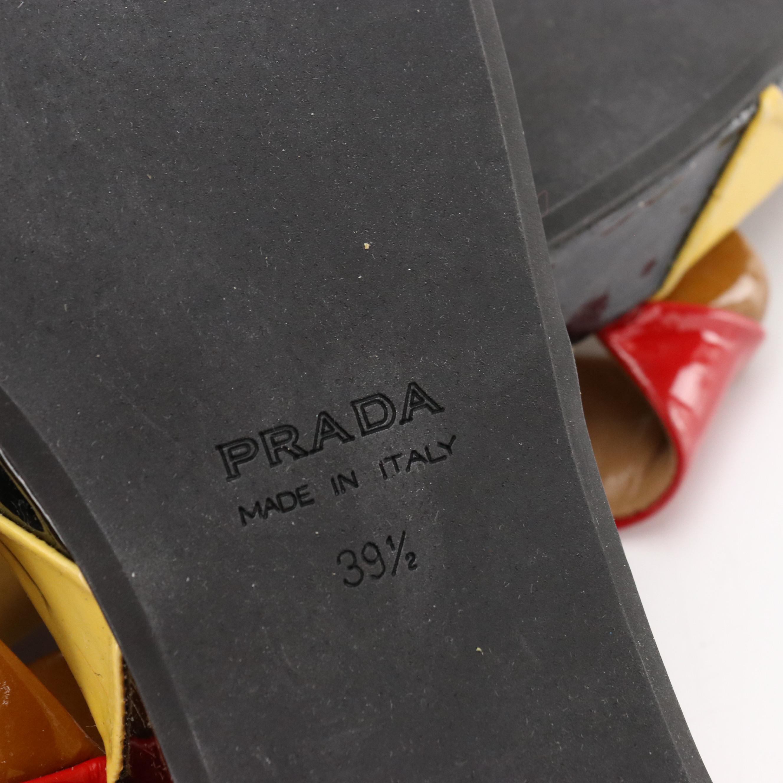 Prada Kitten Heel Sandals in Harlequin Pattern Patent Leather