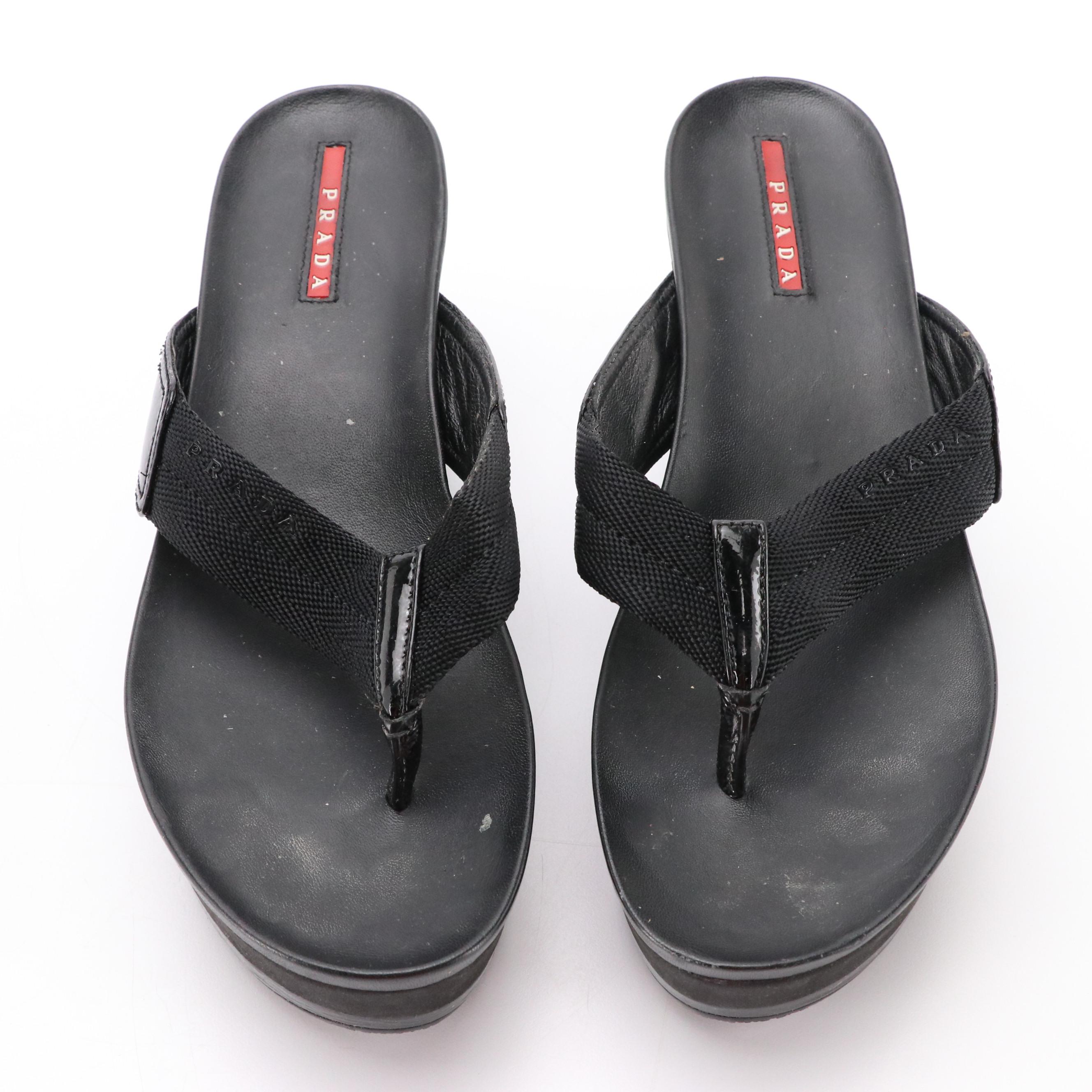 Prada Sport Platform Wedge Flip-Flops with Patent Leather Trim