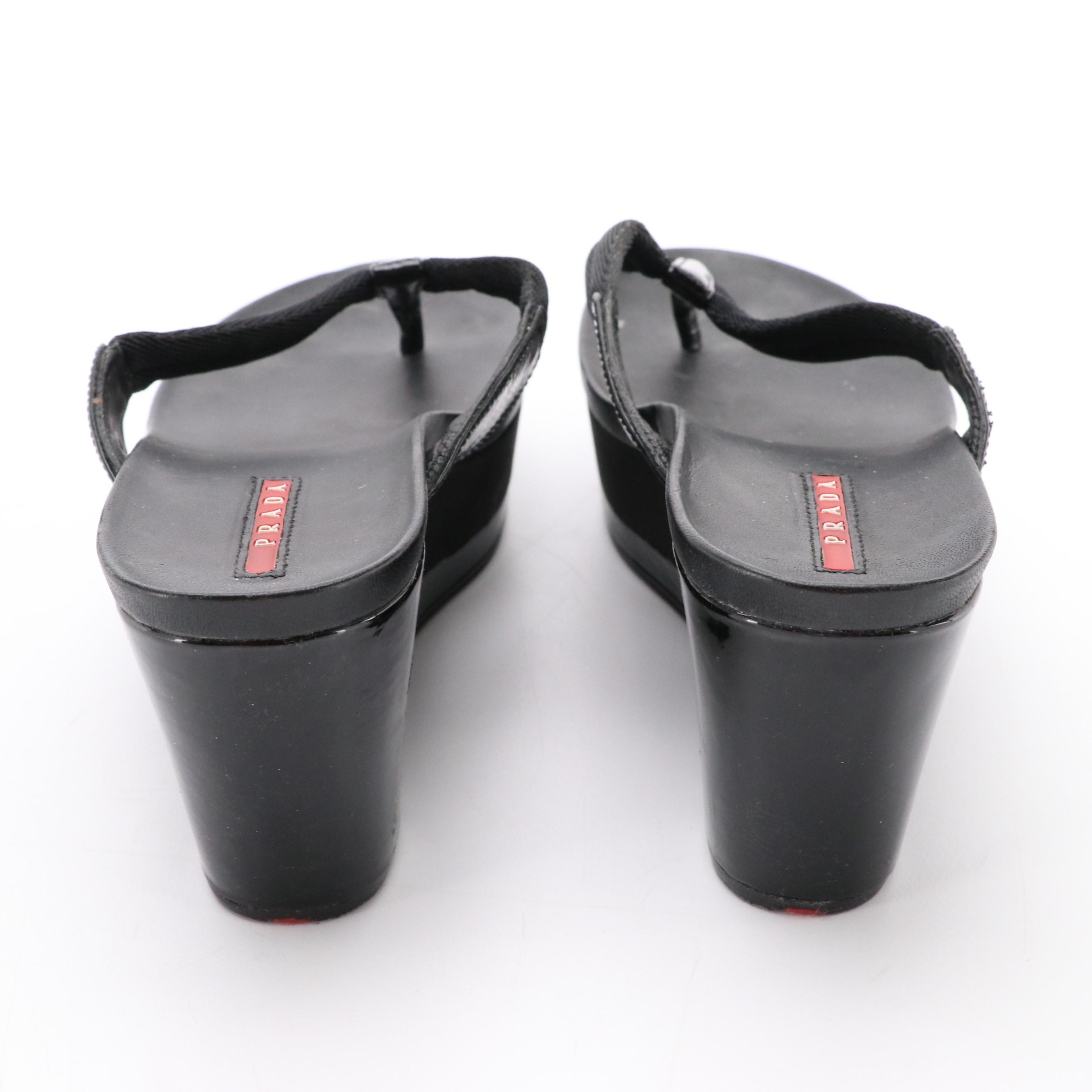 Prada Sport Platform Wedge Flip-Flops with Patent Leather Trim