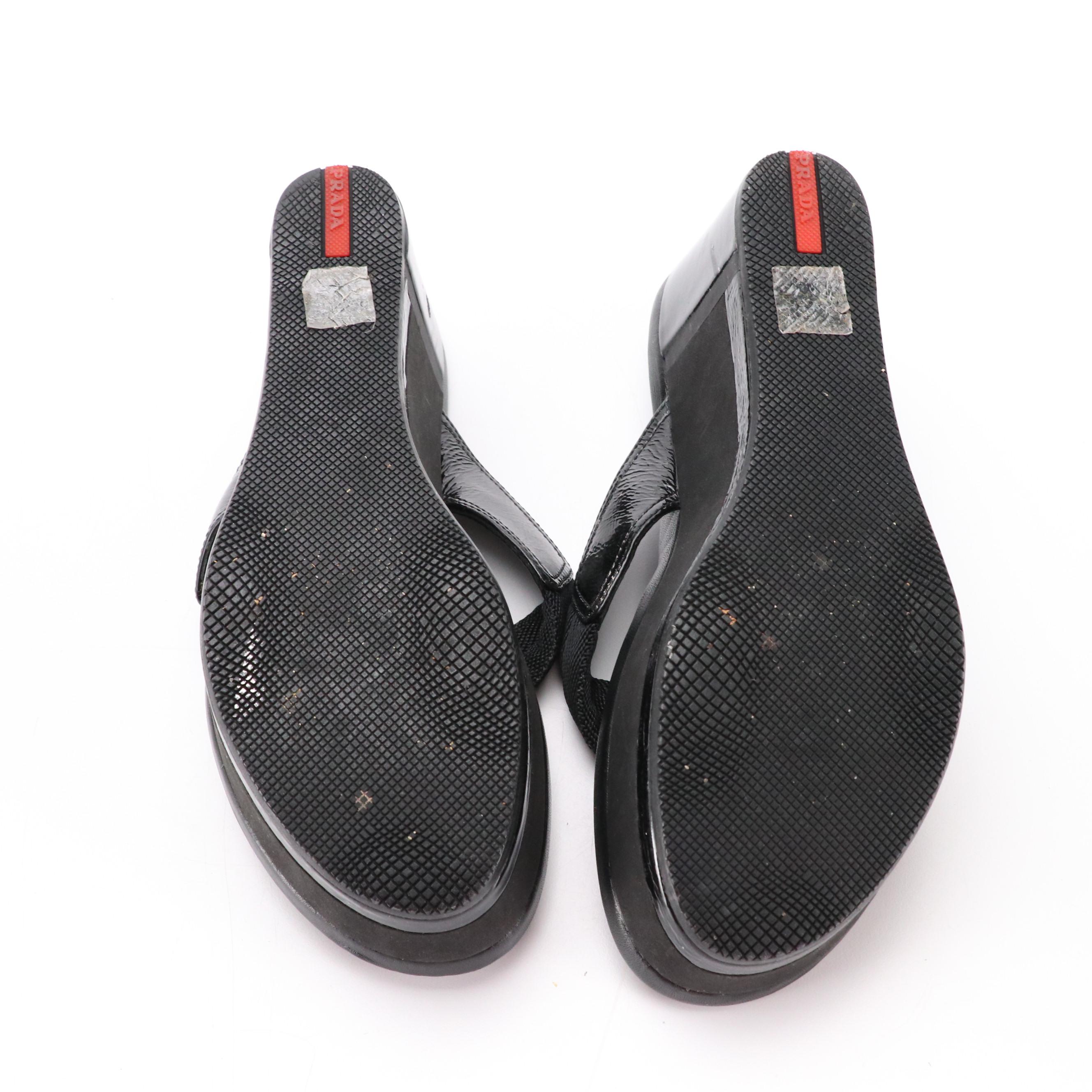 Prada Sport Platform Wedge Flip-Flops with Patent Leather Trim