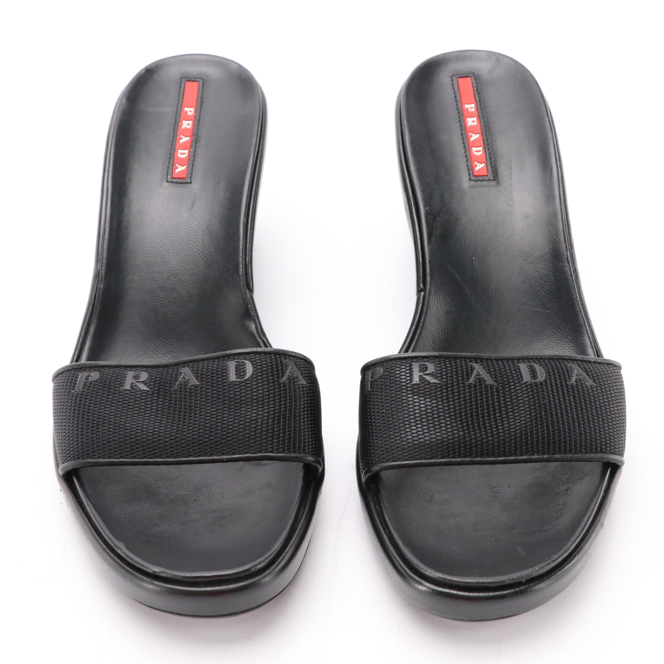 Prada Sport Leather Logo Wedge Sandals
