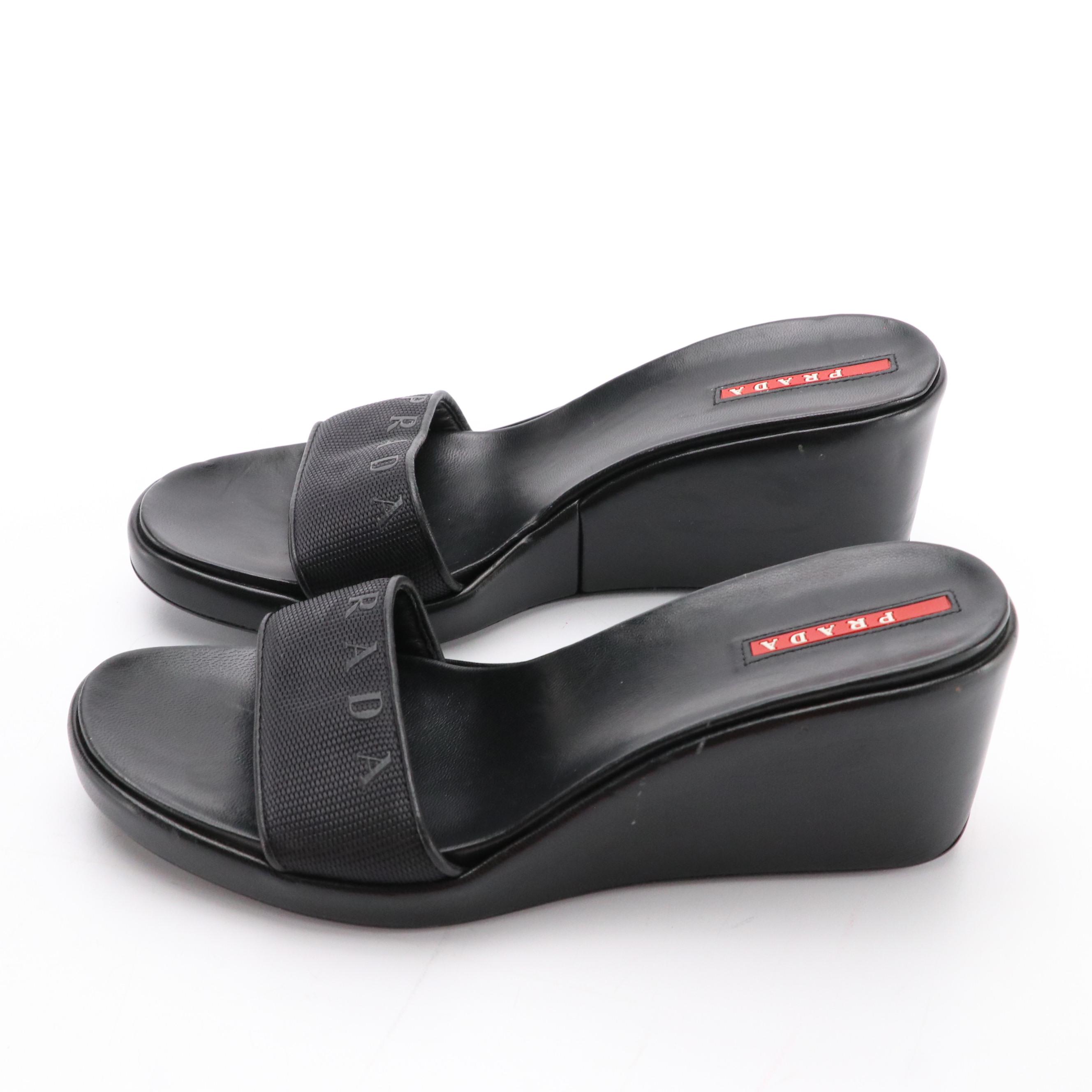 Prada Sport Leather Logo Wedge Sandals