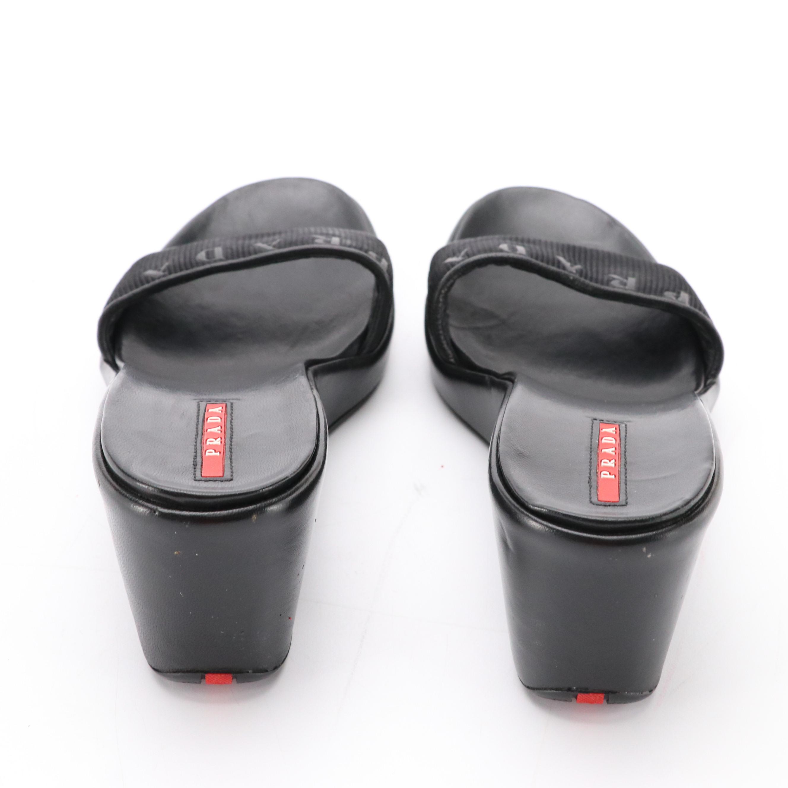 Prada Sport Leather Logo Wedge Sandals