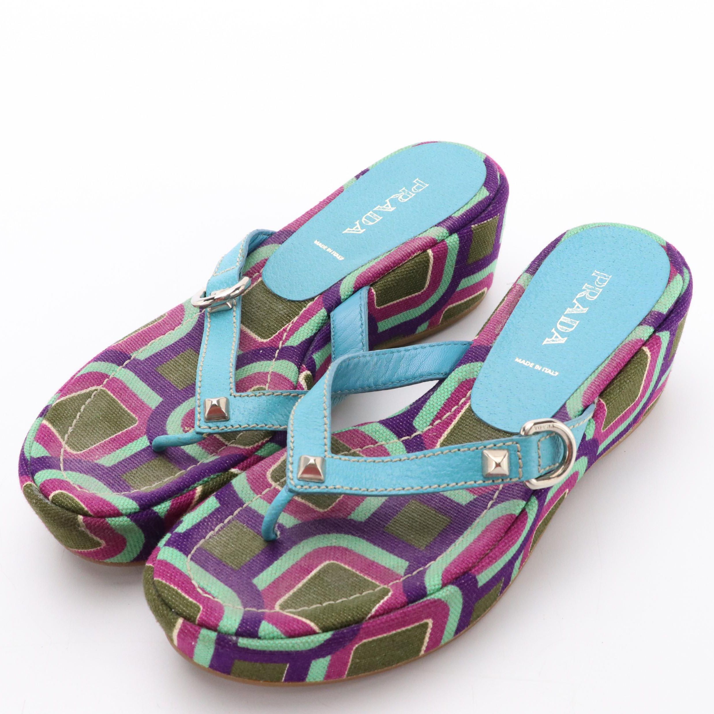 Prada Studded Platform Flip-Flops in Multicolor Woven Canvas